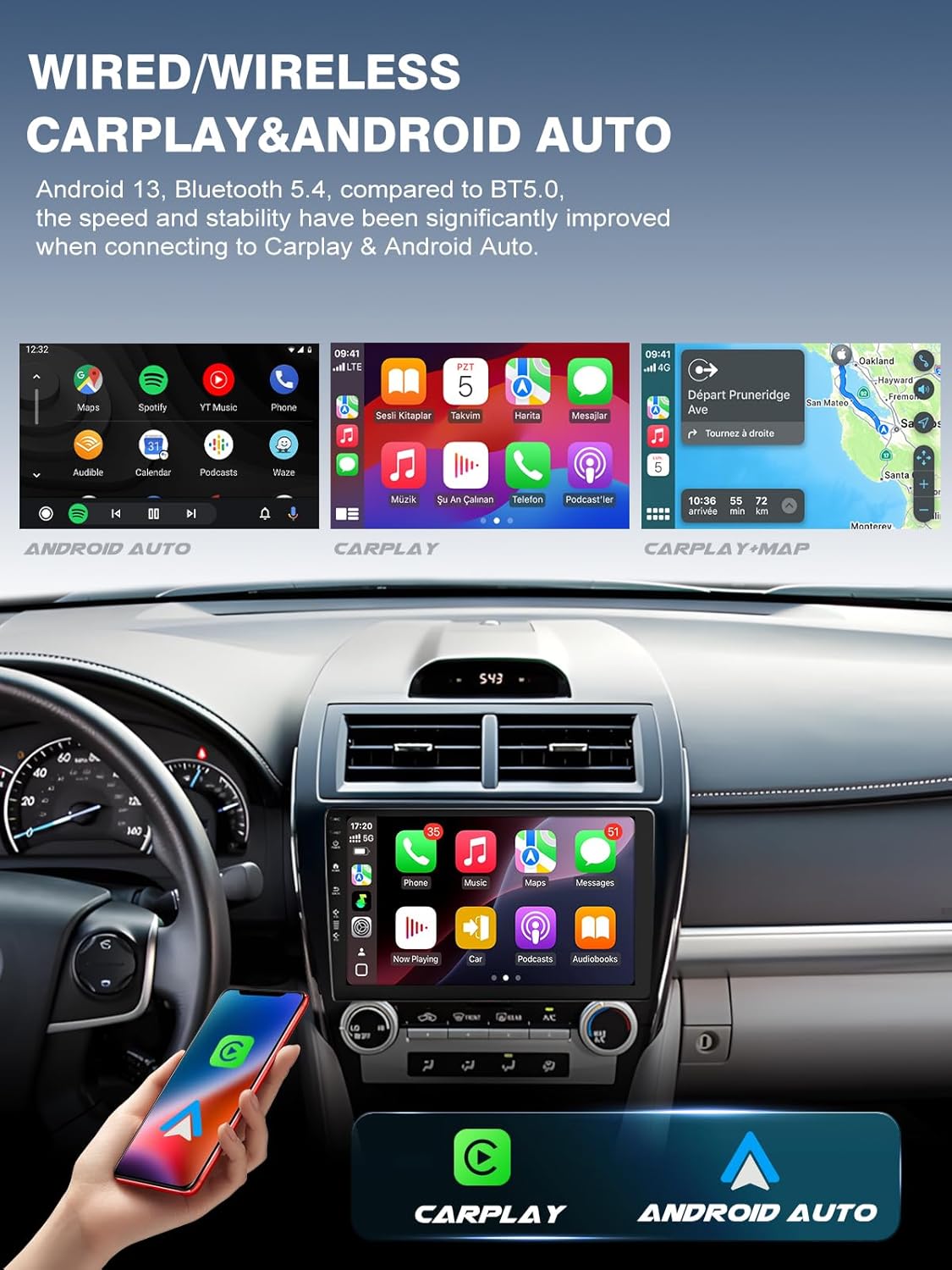 5G WiFi(6) Car Radio for Toyota Camry 2012-2014, Android13/Wireless CarPlay/Android Auto/Touch Screen/GPS Navigation/Bluetooth/FM/HD Backup Camera (2Ram+64Rom)