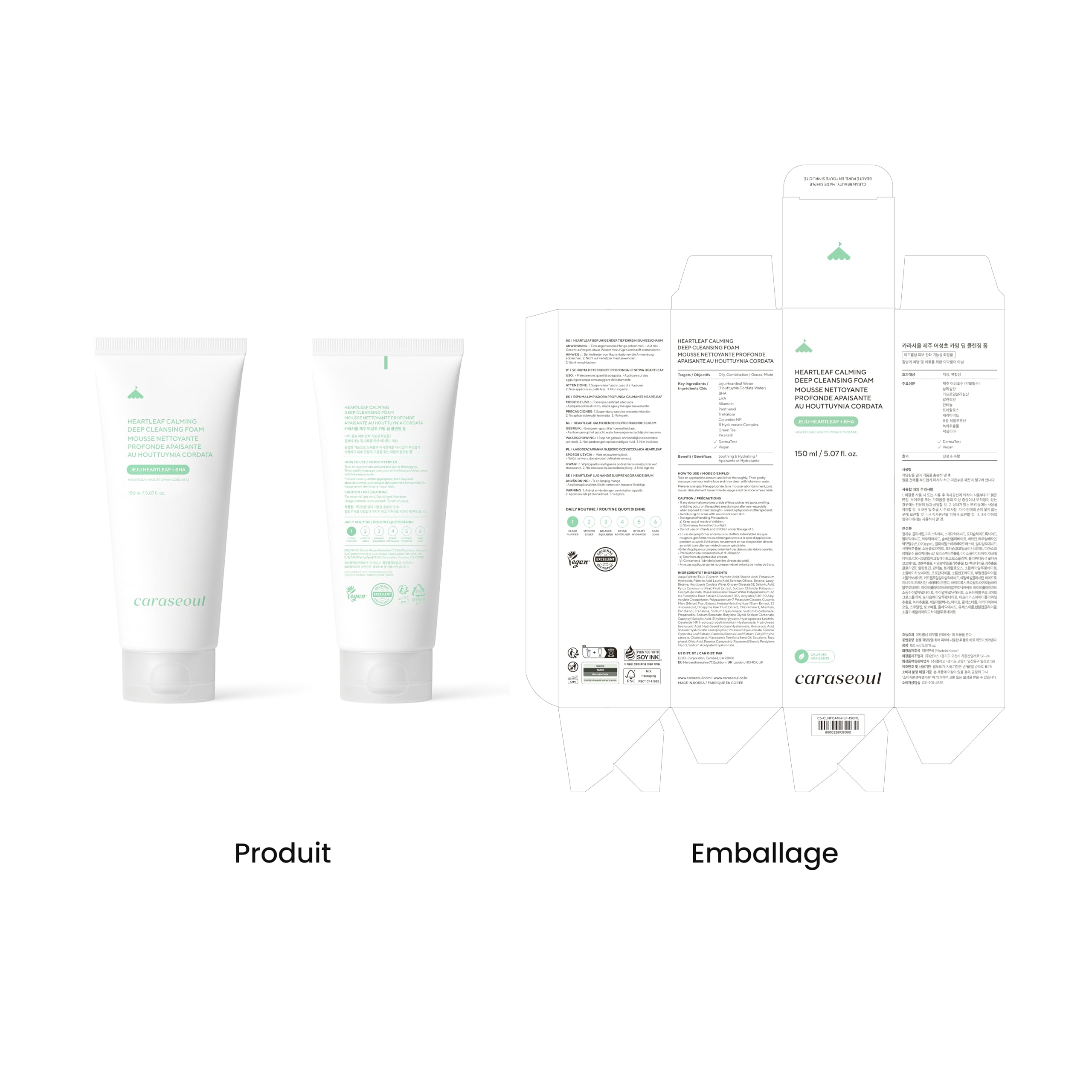 caraseoul Heartleaf Mousse Nettoyante Apaisante Profonde, Nettoyant Visage pour Double Nettoyage, Acide Hyaluronique & BHA, Doux pour Peau Sensible, Soin Coréen (150ml/5.07 fl. oz)