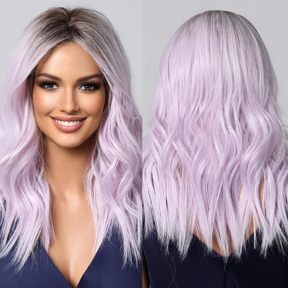 testar Purple Wig Medium Length Lavender Wigs for White Women 20 Inch Short Middle Part Bob Wig Heat Resistant Synthetic Wavy Curly Wigs for Girls Daily Party/Christmas Use - Image 2