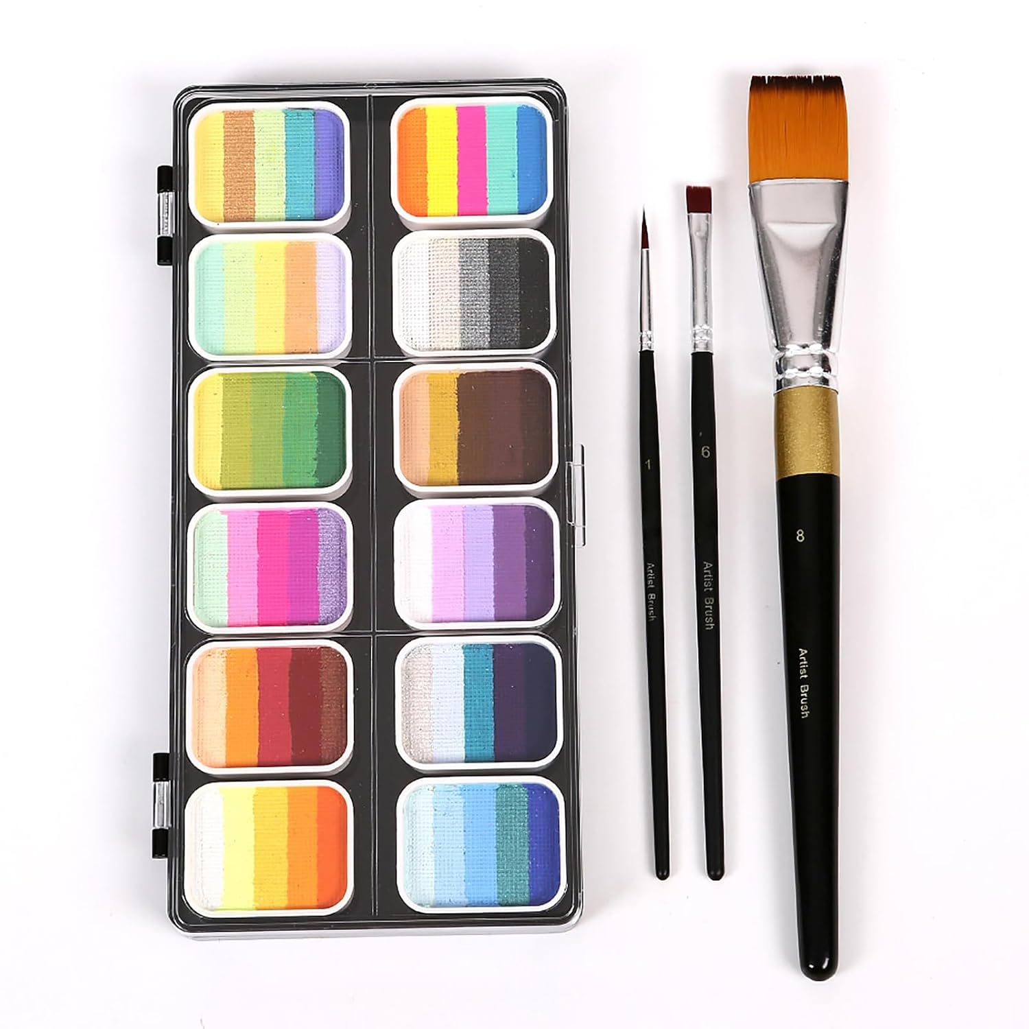 Watercolor Paint Palette Set, 12 Split Cakes Professional Face Body Painting with 3 Brushes 6 Stencils, Non Water Activated Makeup for Kids Adults Parties Halloween Cosplay
