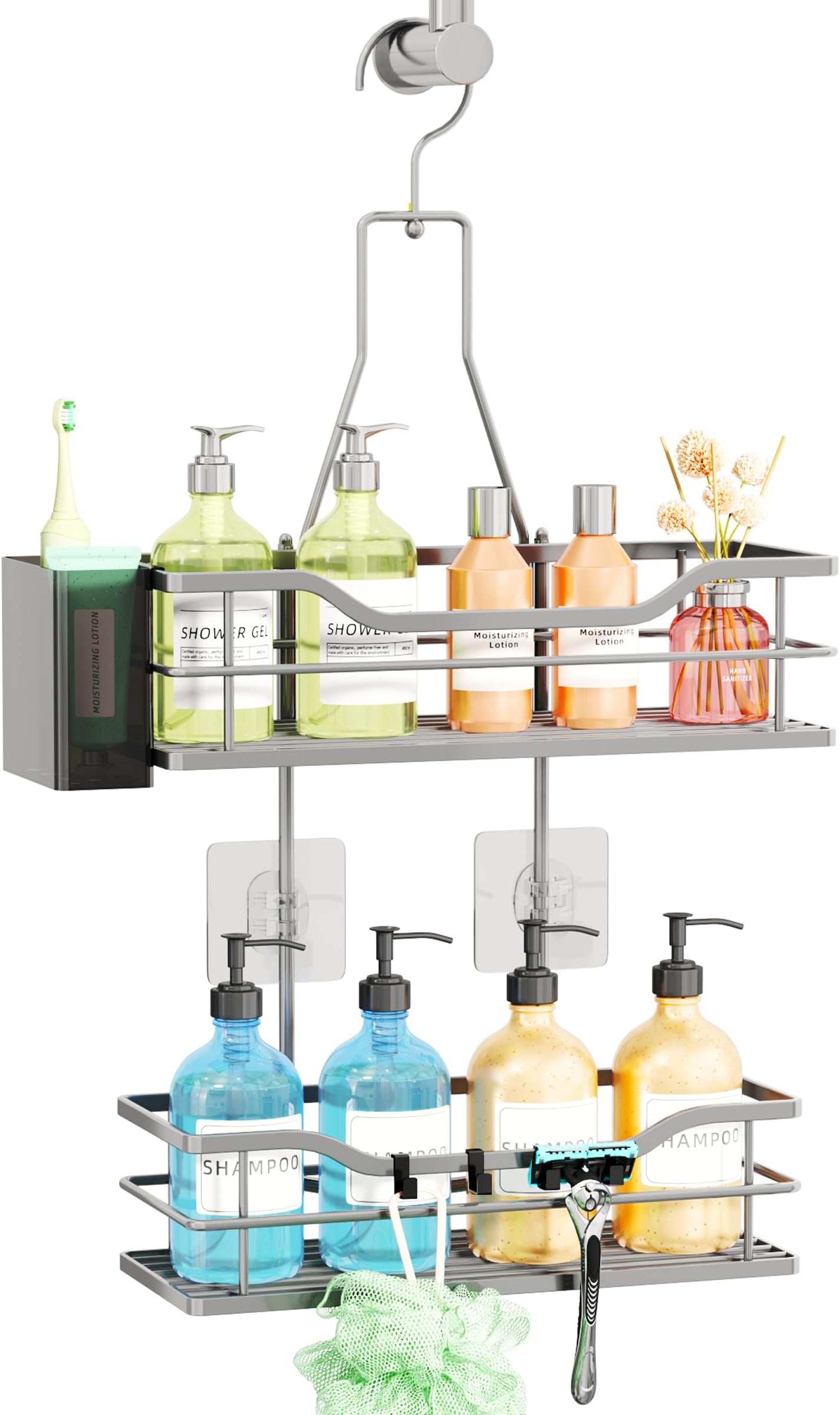 SWTYMIKI Shower Caddy Hanging Organiser- 2-Tier No Drill Shower Organiser with 360° Rotating Hook, Rustproof Stainless Steel Bathroom Shower Storage Shelf for Shampoo, Conditioner, Toiletries