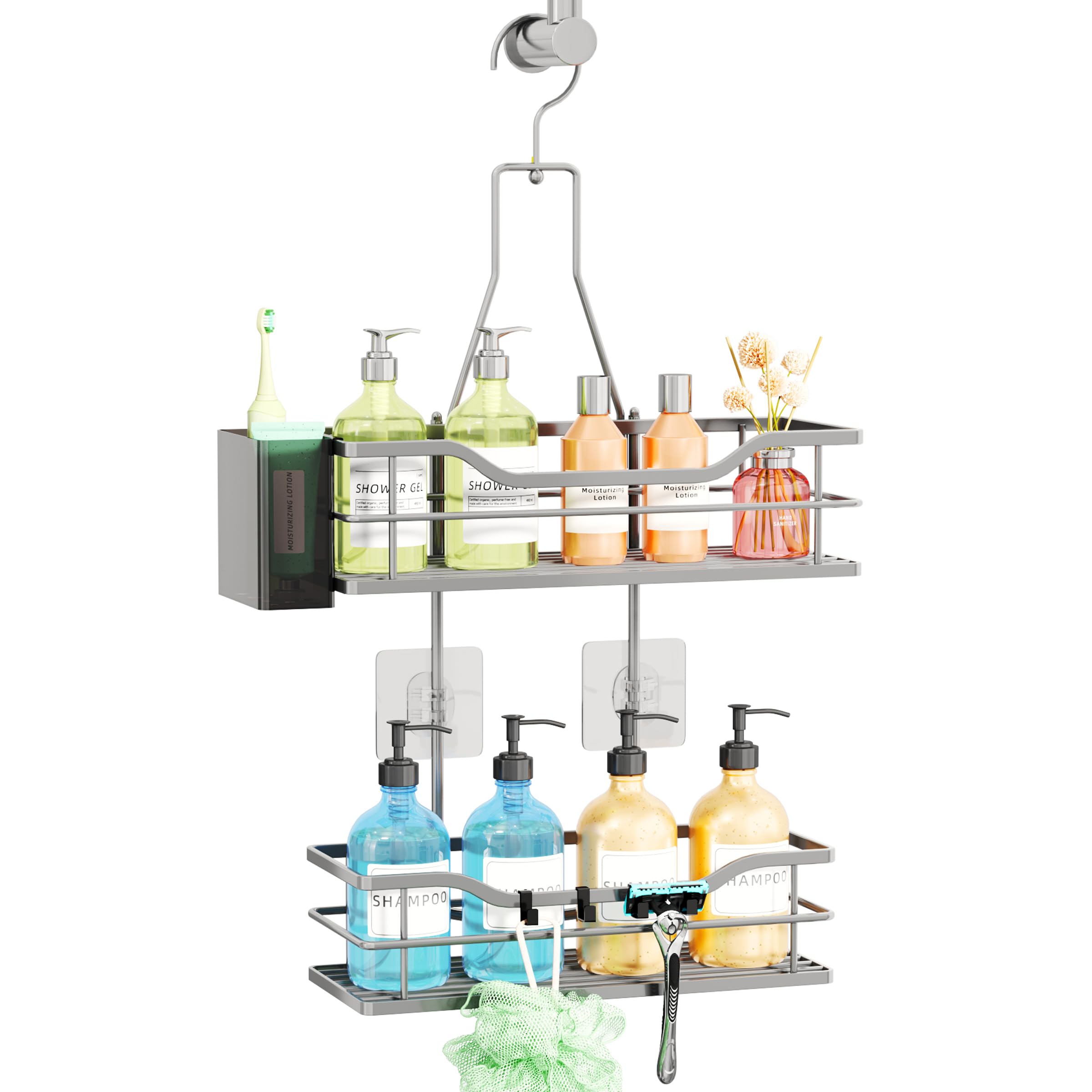 SWTYMIKI Shower Caddy Hanging Organiser- 2-Tier No Drill Shower Organiser with 360° Rotating Hook, Rustproof Stainless Steel Bathroom Shower Storage Shelf for Shampoo, Conditioner, Toiletries