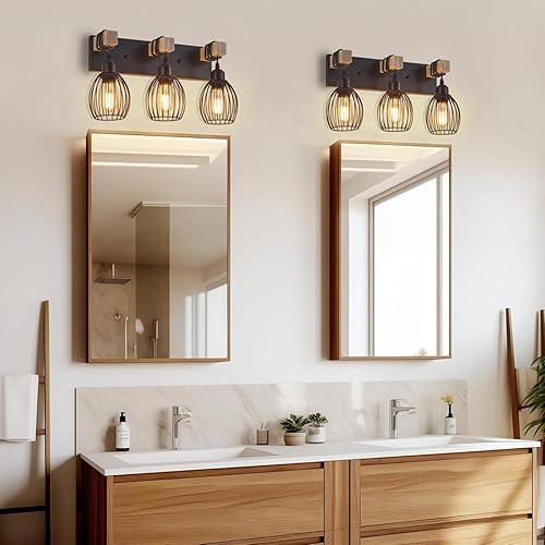 Miniatura 7 de Lámpara de tocador de granja de 3 luces para baño, aplique de pared de madera con elegante jaula de lágrima, luces industriales negras de tocador