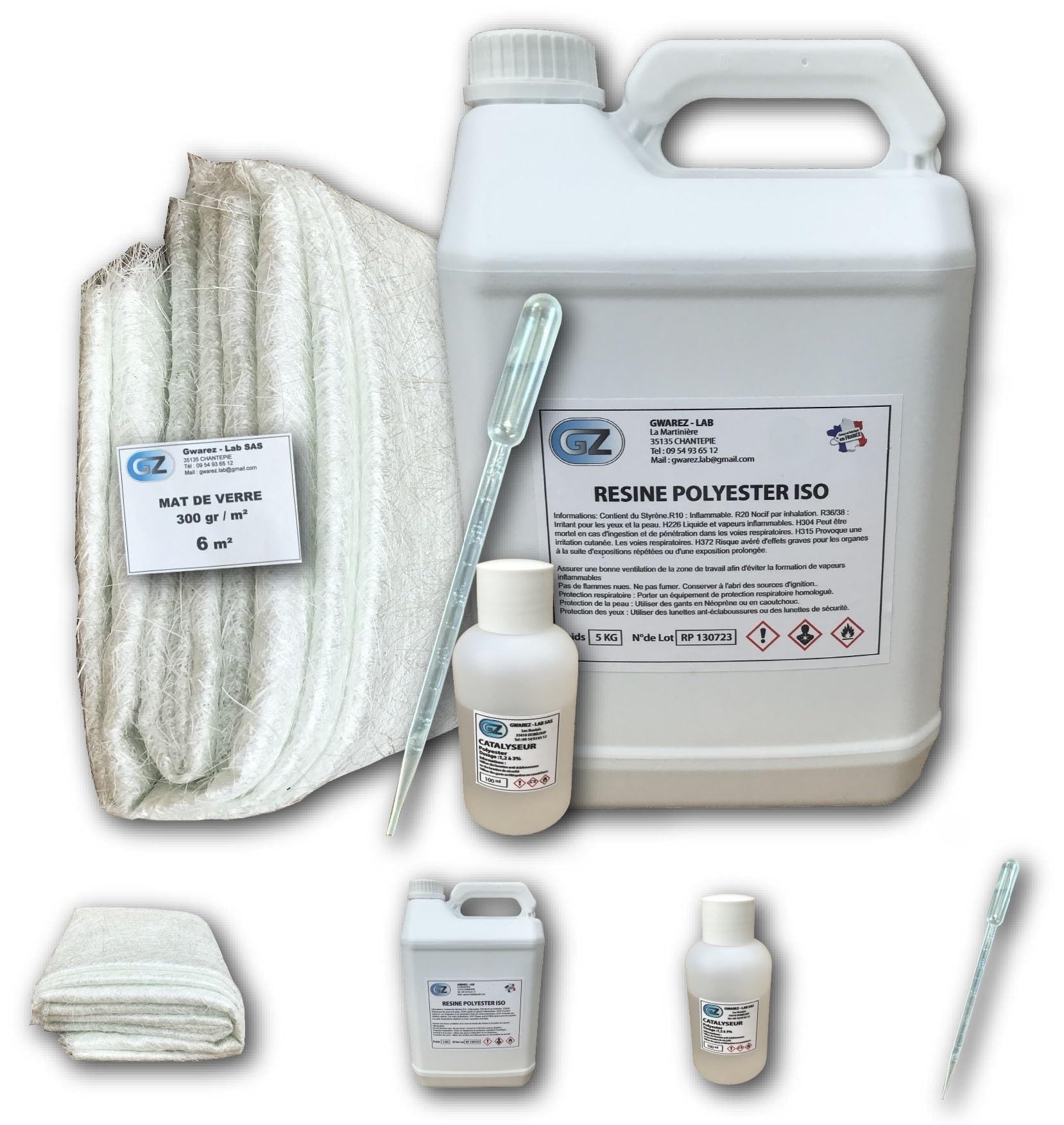6 m2 - Tela de vidrio 300 gr/m2 + 5 kg resina poliéster + catalizador + pipeta dosificadora 10 ml