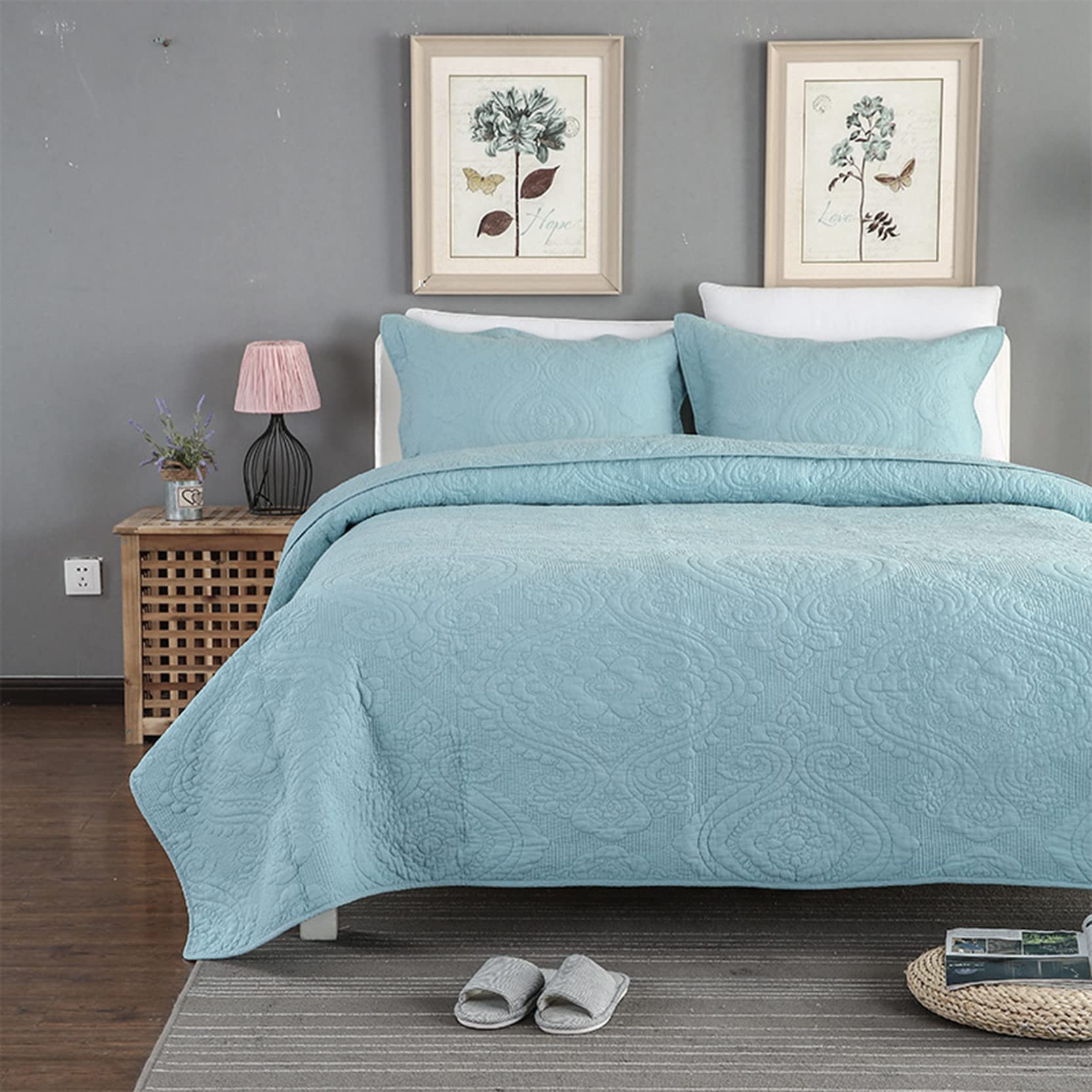 Sjdopulse Blue Quilted Bedspreads King Size 3 Piece,Soft Cotton Bed Throws Quilt Bedspread Coverlets Sets With 2 Pillowcases,Elegant Embroidery Pattern Bed Coverlet Gift,Pink-230X250cm