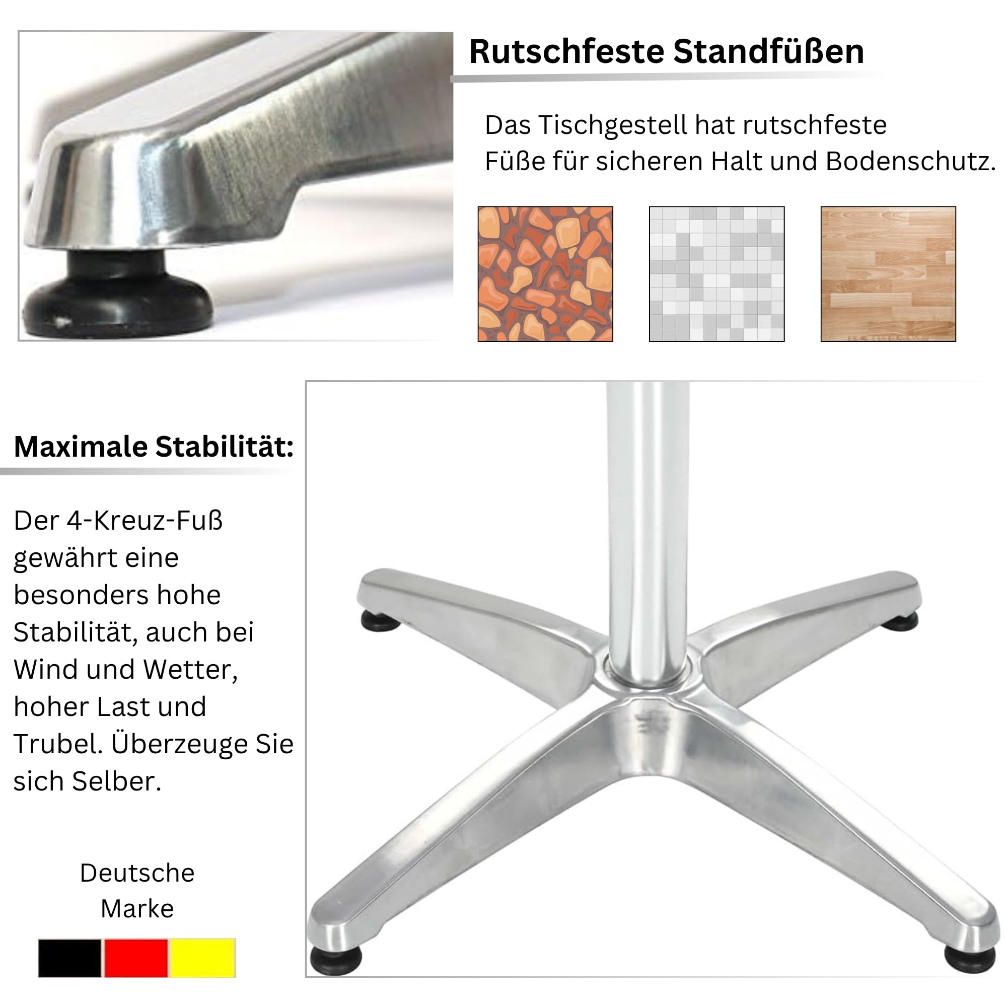 Hochwertiger Bistrotisch aus Aluminium, Runder Aluminiumtisch Wetterfest für Garten, Balkon und Terrassen – Ø 80cm x H72cm / Pflegeleichter Gartentisch mit Standfüßen – Silber glänzend Tischplatte