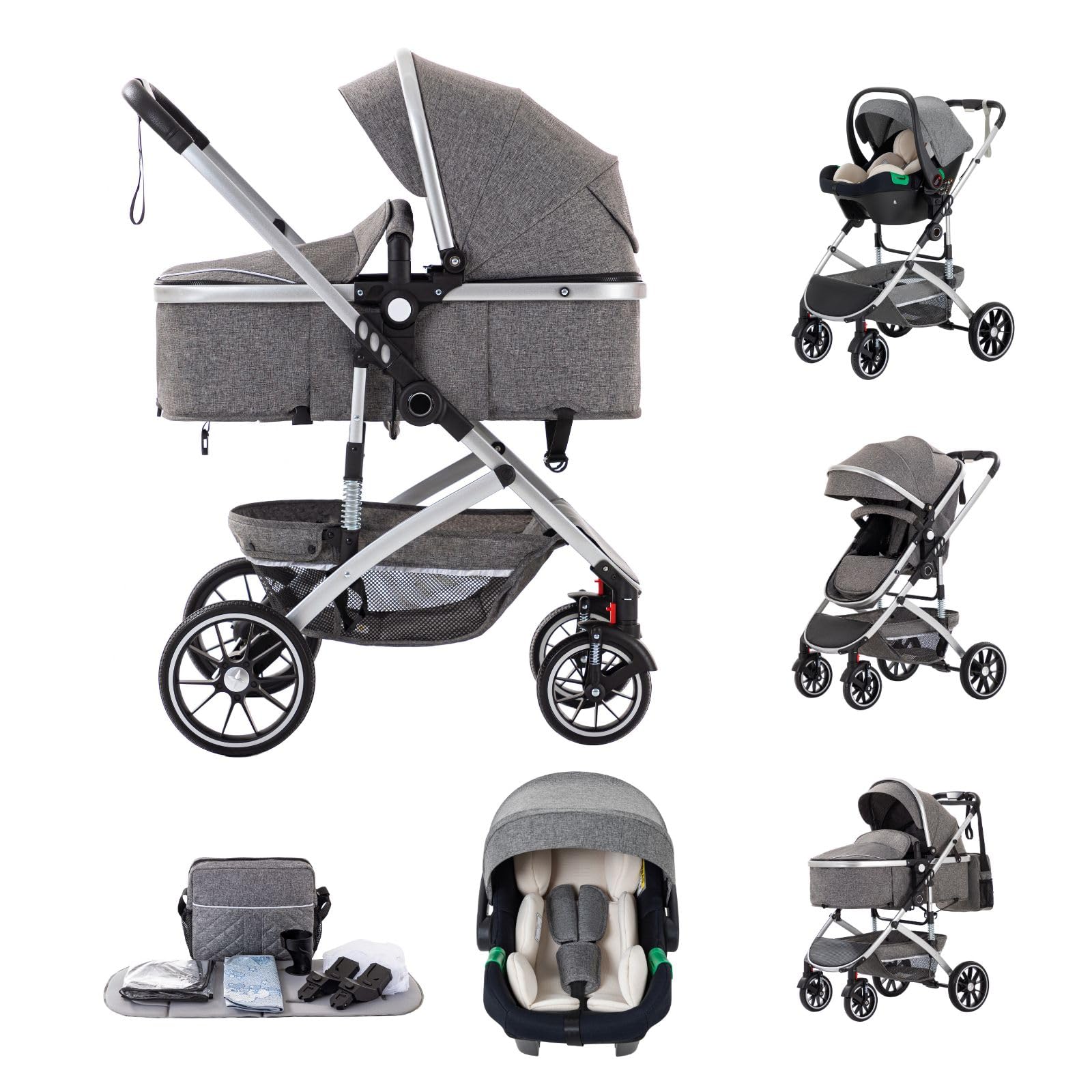 3 en 1 Cochecito de Bebé, Sistema de Viaje, Carrito Bebé Plegable con Un Solo Clic, Silla de Paseo, Capazo y Asiento de Cochecito con Mosquitera, Silla de Coche Alto para Recién Nacido 0-4Años