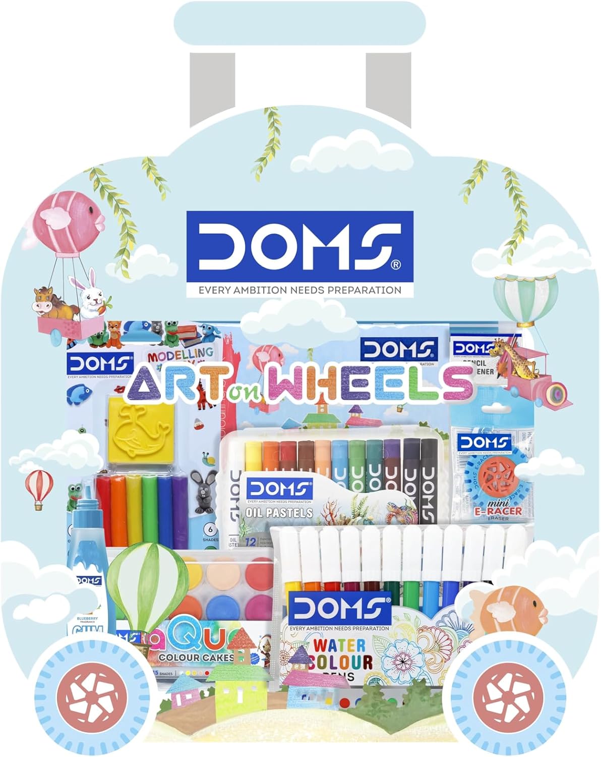 Doms Art On Wheels Assorted Stationery Items Kit+Plastic Crayons 28 Shades Round Tin Gift Pack Combo| Easy to Carry| A Fine Birthday Gift for Children