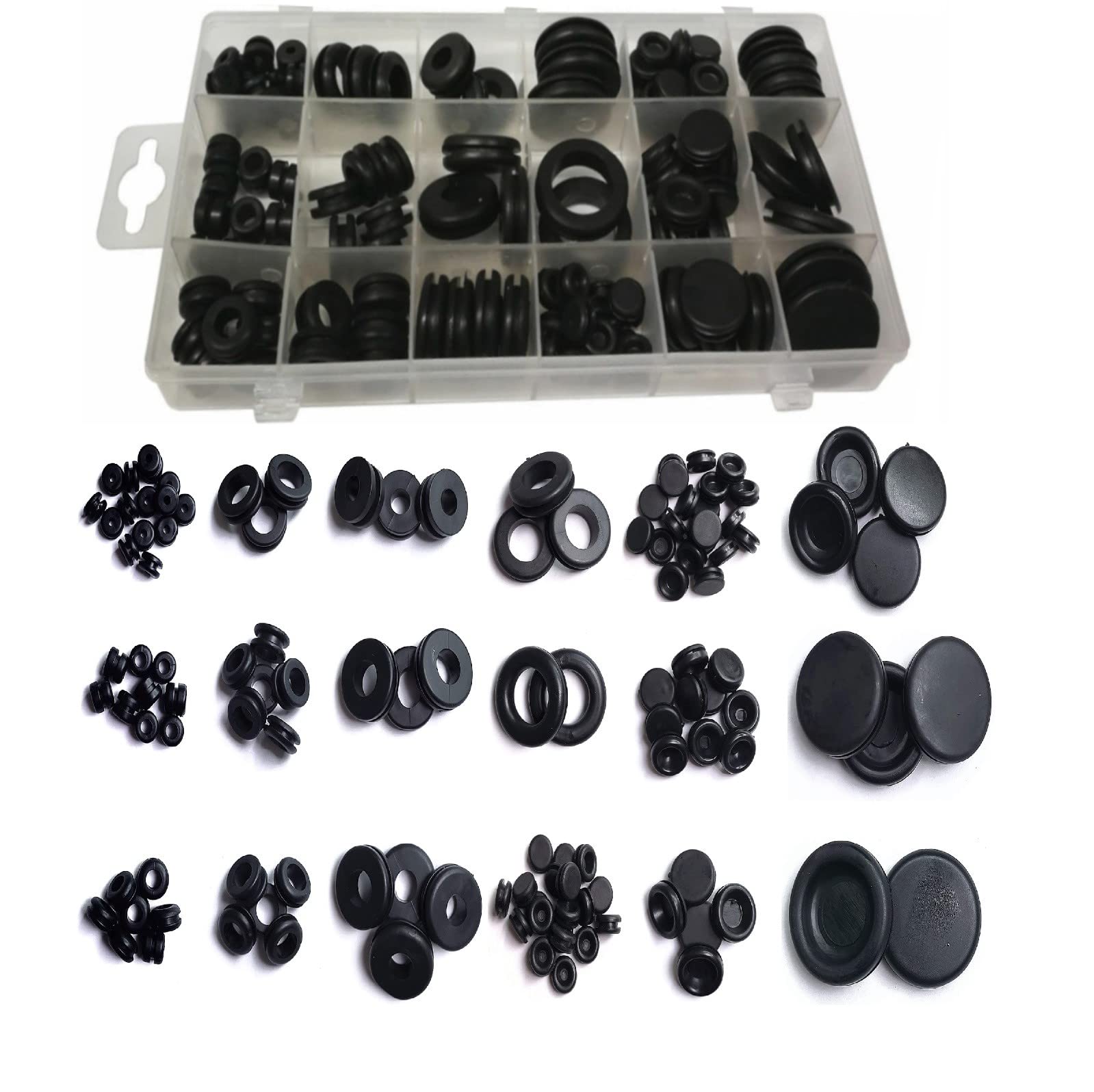 Simply Products Black 125Pcs Rubber Grommet Assortment Kit 18 Sizes, Rubber Hole Plugs, Electrical Conductor Wiring Rubber Gaskets And Blanking Gasket Ring Grommets