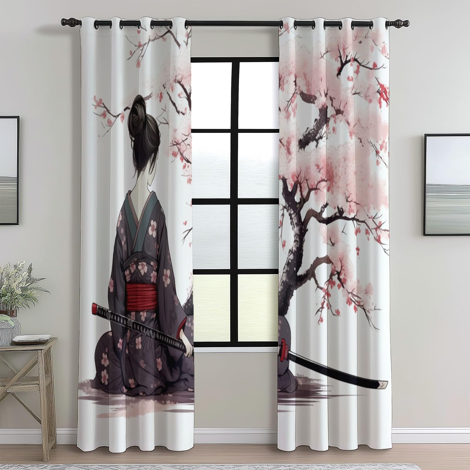 Tende Geisha giapponese Albero di ciliegio in fiore Tenda Oscurante 140L x 260A cm (2 Pannelli) Isolante Con Occhielli Per Camera Da Letto Tende Soggiorno Rosa