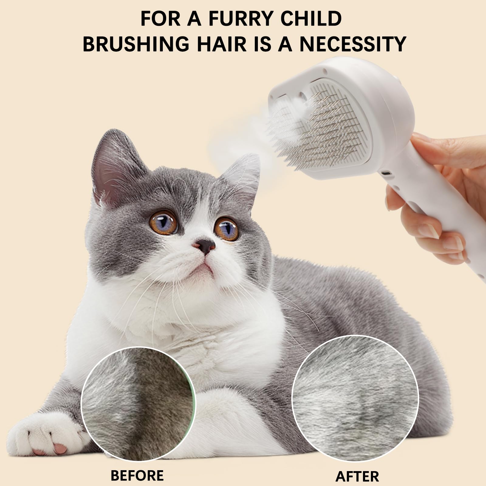 Cepillo de vapor para mascotas para perros y gatos – 3 en 1 para eliminar el desprendimiento, spray de vapor y herramienta de aseo autolimpiante – Ideal para gatos de pelo largo y corto – Incluye 2