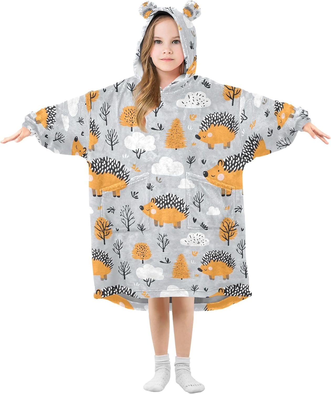 Hedgehog Trees Kids Wearable Blanket Hoodie with Pocket and Sleeves for Toddlers, Cute Hoodies Girls Boys B0403611