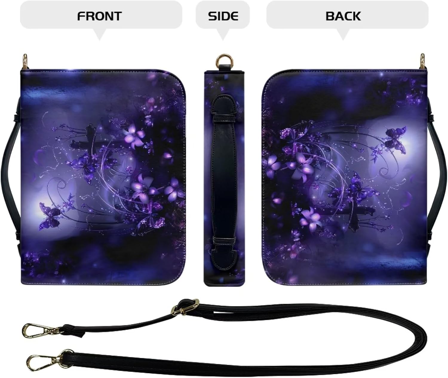 Leather Bible Case Bible Covers for Women Bible Protective with Detachable Shoulder Strap Journal Case,Purple Butterfly, Small Size