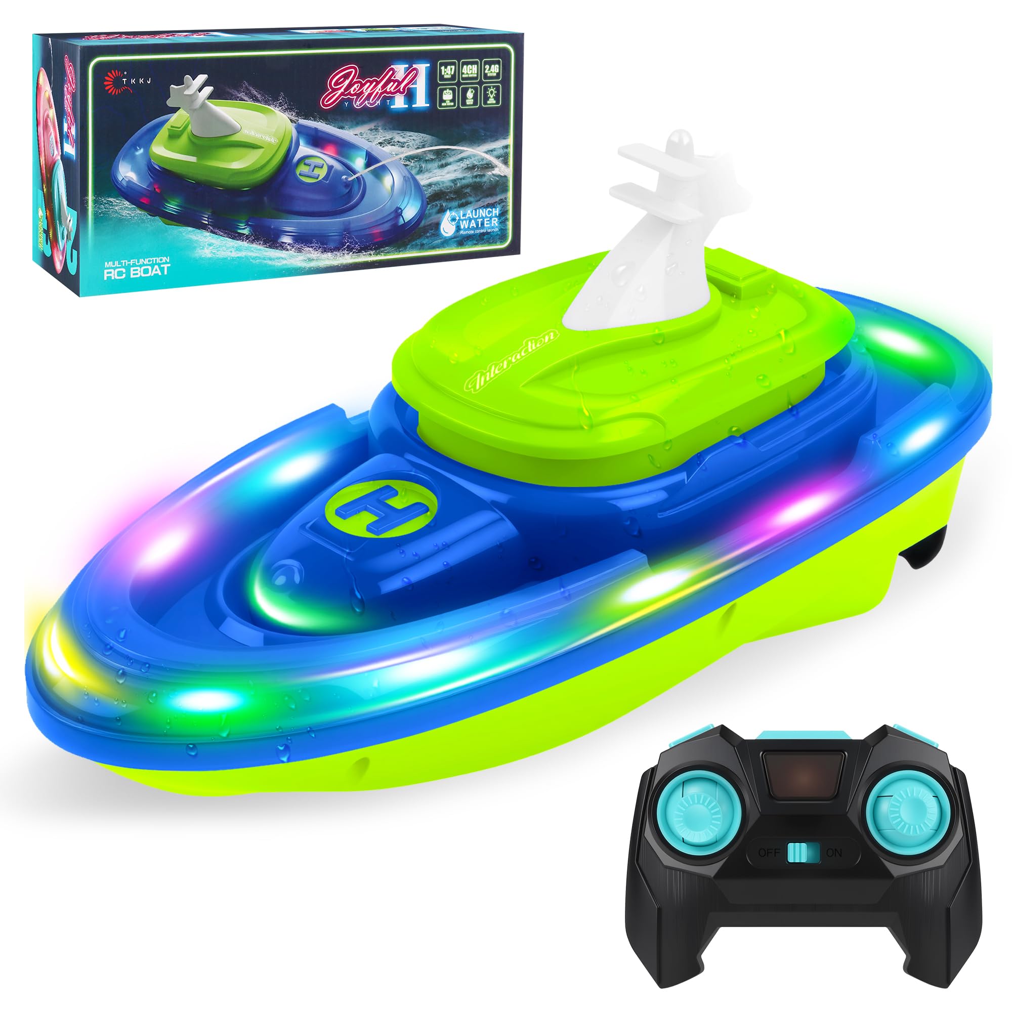 FORMIZON Bateau Ttélécommandé, sous Marin Télécommandé avec Fonction de Projection d'eau, Bateau RC Étanche, Bateau Radiocommandé avec lumière et Rotation à 360 Degrés (Blau) - 2