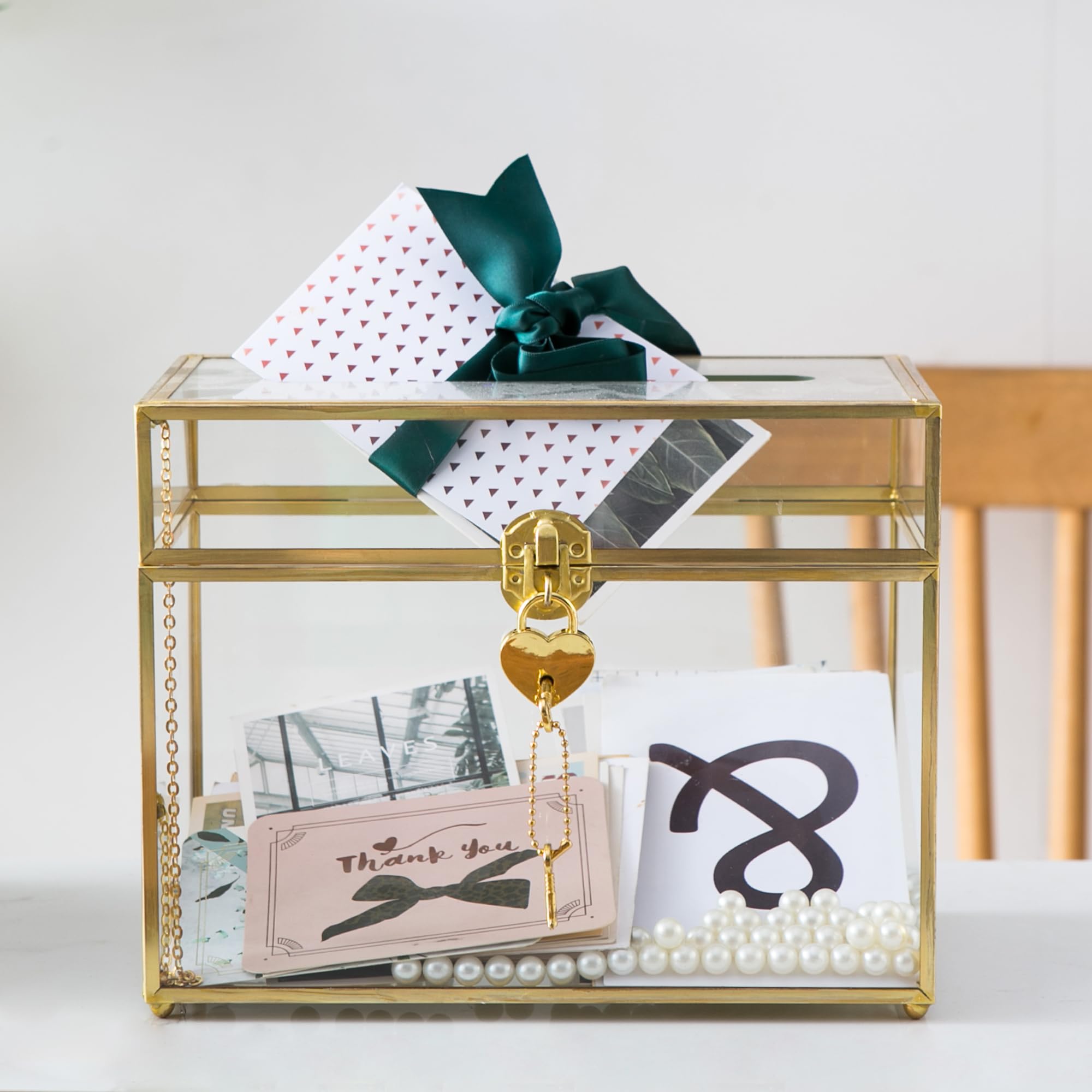 Glas Hochzeitskartenbox mit Schlitz und Schloss, Große Klare Kartenbox Gold Messing Geschenkkarte Aufbewahrungsbox mit Schloss für Hochzeitsempfänge, Babyparty, Geburtstagsfeier, Brautparty