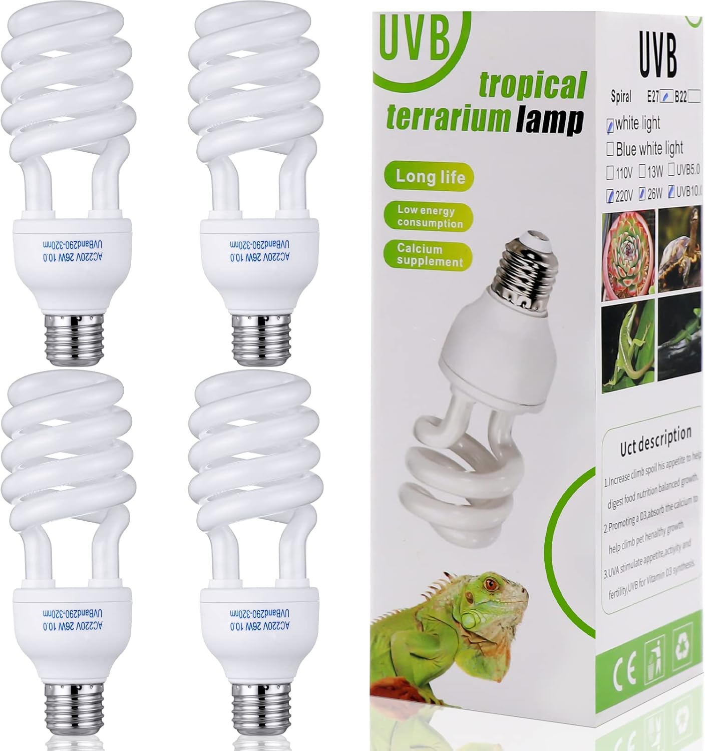Reginary 4 Pcs Uvb Reptile Light 10.0 26 W, Reptile Uvb Bulb for Desert Tropical Sub Tropical Reptiles Fluorescent Simulation Color Reptiles Light for Turtle, Bearded Dragon, Lizard, Gecko