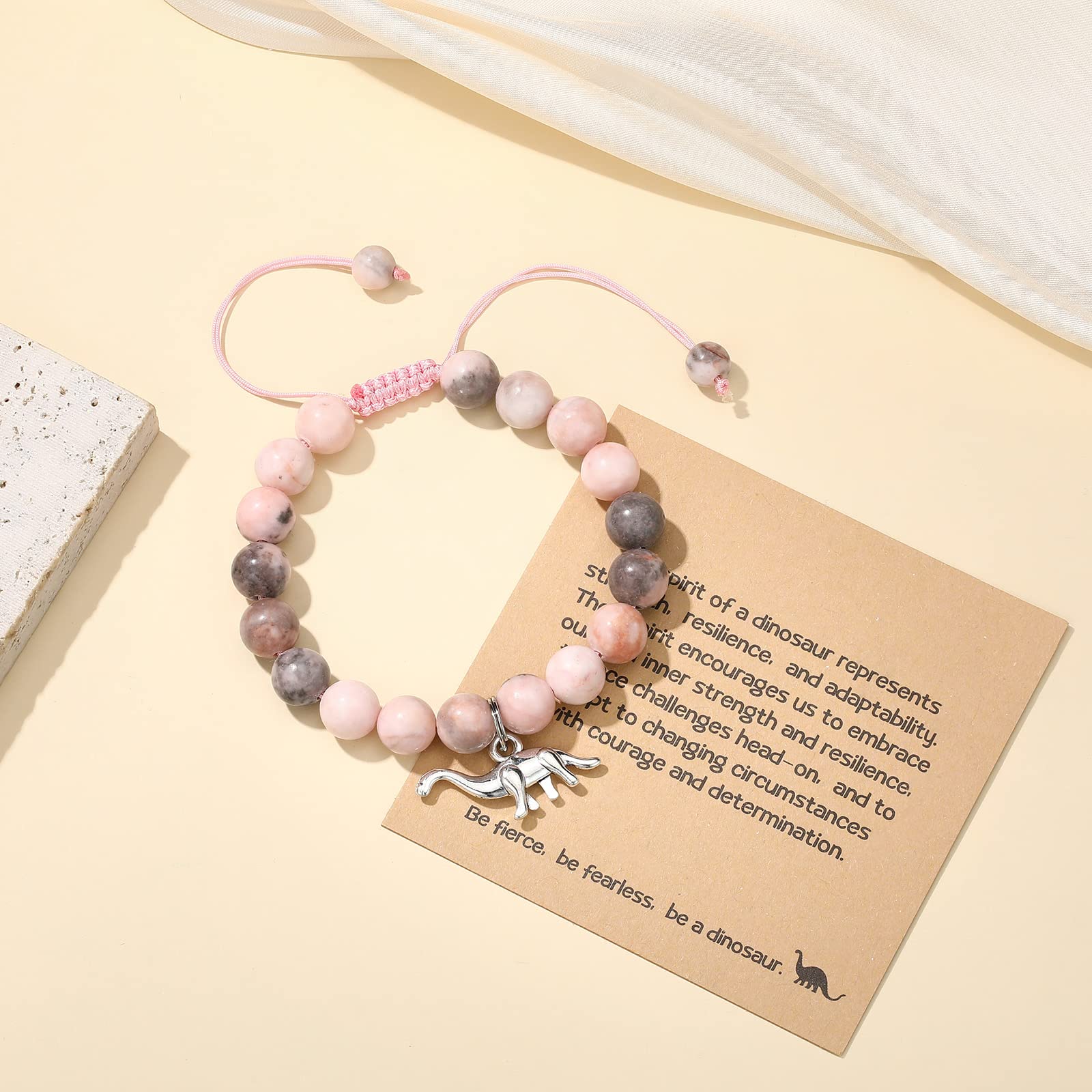 MIXJOY Dinosaur Bracelet for Teenager, Dinosaur Charm Jewelry Pink Rope Braided Beads Bracelet Gifts for Little Niece Granddaughter Cousin, Dinosaur Lover Birthday Graduation Friendship Gifts
