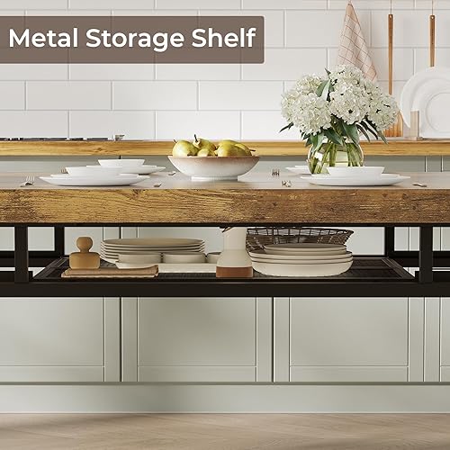 Miniatura 4 de Mesa de comedor grande de 71 pulgadas de largo con 2 cajones y estante de almacenamiento de malla metálica, mesa de cocina rectangular con marco de