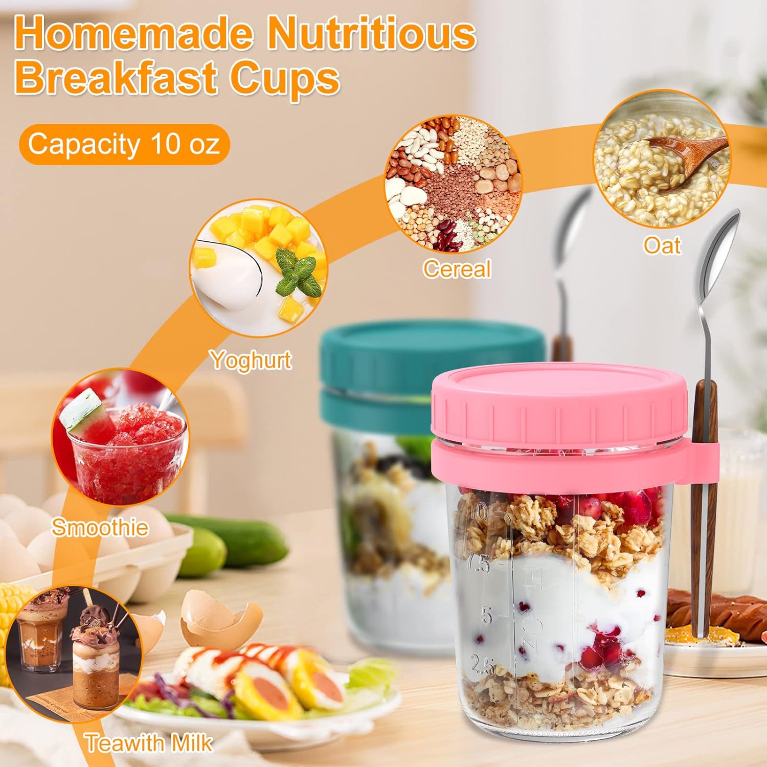 US 2Pcs/4Pcs Overnight Oats Container with Lid and Spoon 10oz Overnight Oats Jars Portable Oatmeal Cup Container Leakproof Overnight Oat Glass Cups Reusable Yogurt Container for Milk Cereal Office Hom