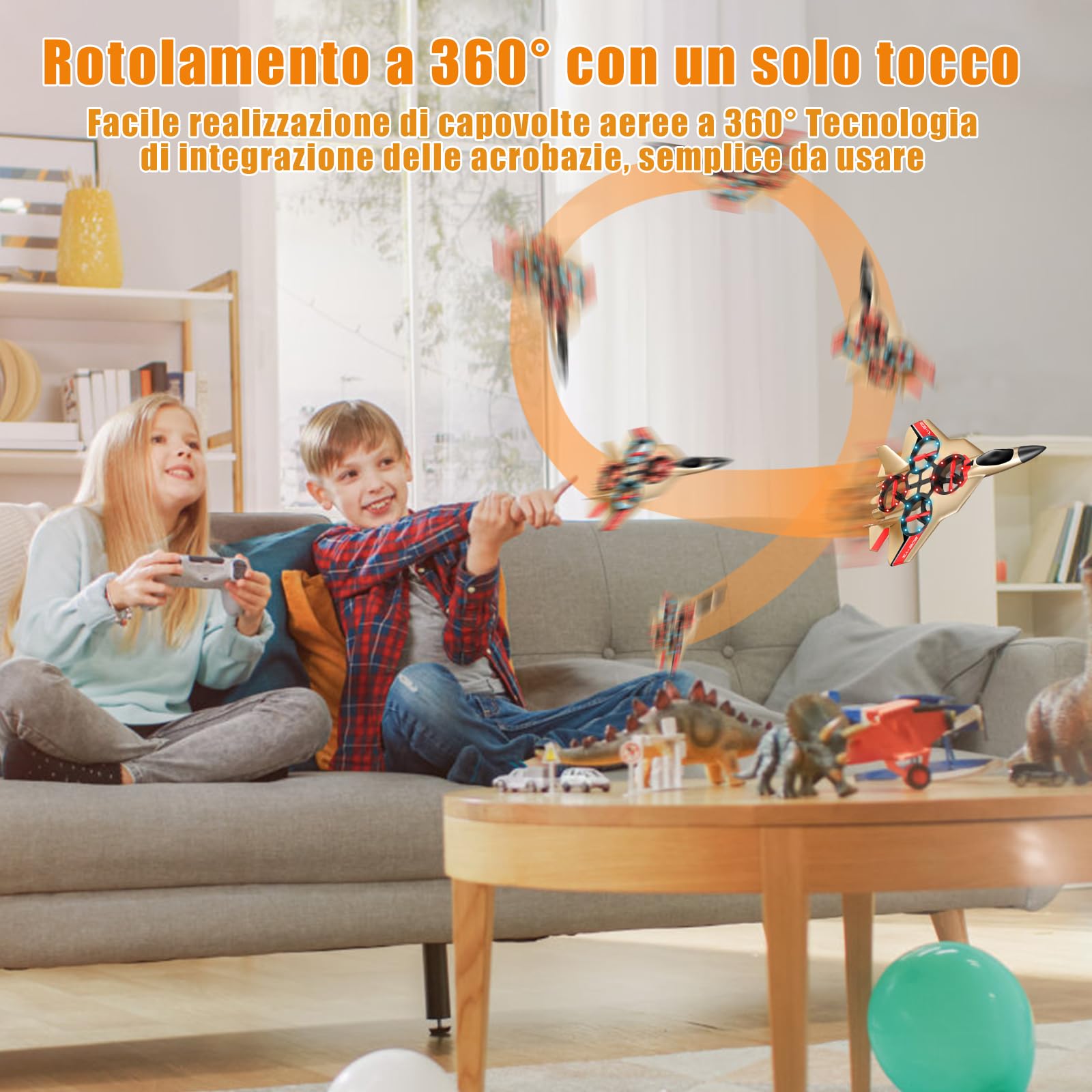 JONRRYIN Aereo telecomandato Bambini, 2,4 GHz Aereo RC con LED, Radiocomandato Giocattoli Volanti per Bambini con Giroscopico a 6 assi, Aliante Volante Giocattolo per Bambini Compleanno Natale Festa