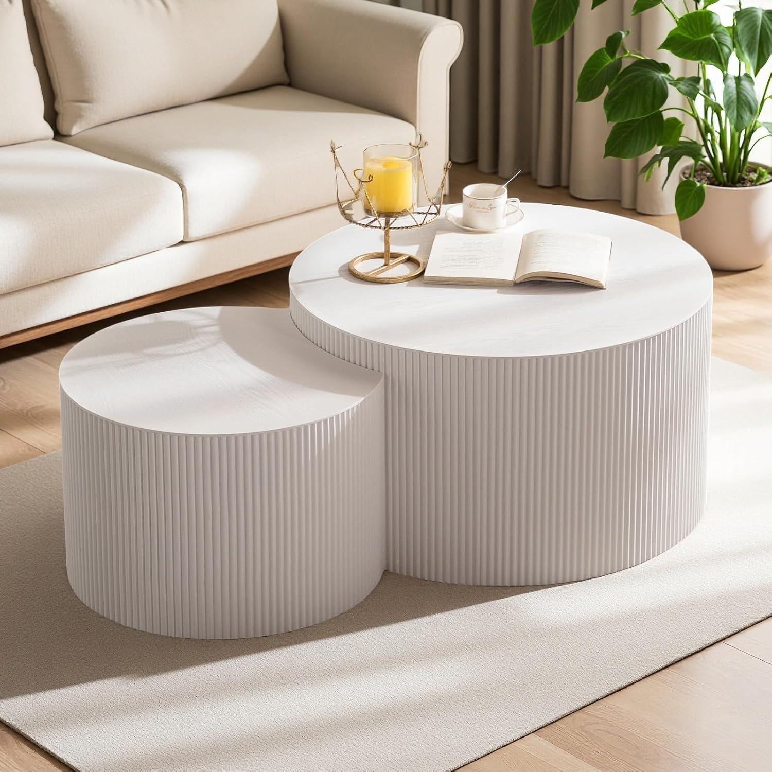 Round Coffee Table Set of 2 Modern Wooden Nesting Coffee Tables No Assembly Required Circle Side Table Set Accent Furniture for Living Room, Bedroom, Office (D Large)