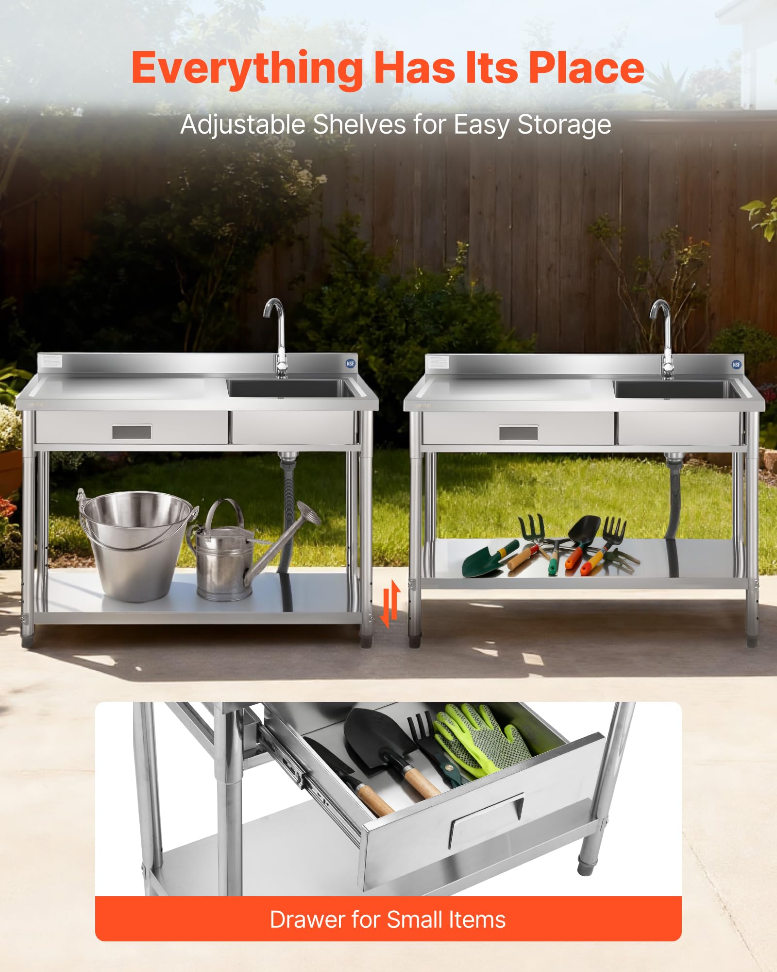 VEVOR Lavandino Mobile da Cucina 1200 x 500 x 940 mm, Vasca Singola con Rubinetto e Cassetto, Lavello da Cucina per Garage, Ristorante, Lavanderia, Lavabo da Esterno con Piano di Lavoro Sinistra