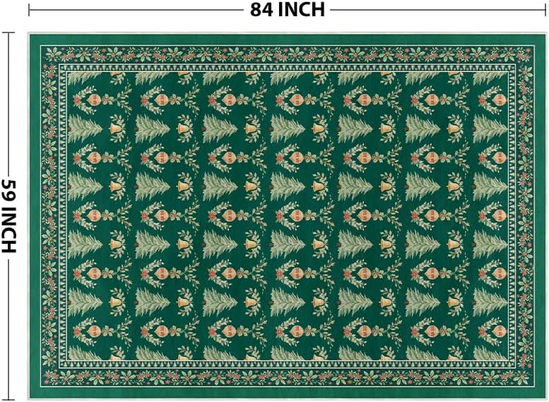 Artoid Mode Green Xmas Tree Mistletoe Christmas Area Rug, Winter Home Decor Low-Profile Non-Slip Washable Large Rug for Living Room Bedroom Farmhouse Dining Room Kids Playroom 5x7 Feet