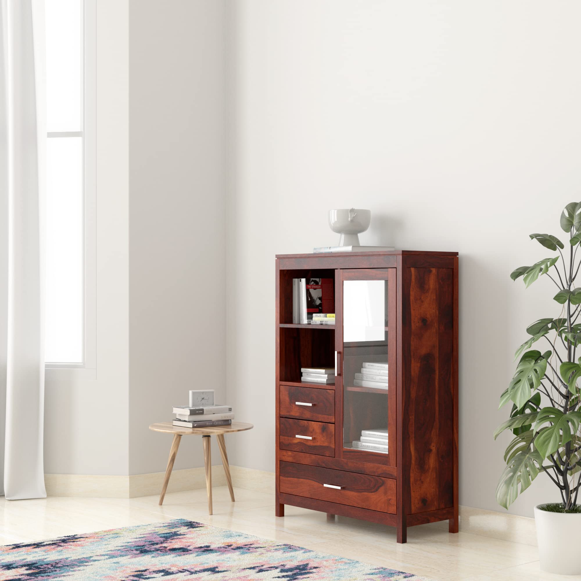 WOODSTAGE Solid Sheesham Wood Bookshelf with 3 Drawer Storage and 5 Shelves for Home Office Study Room | Wooden Bookcase Display Floor Standing Racks (Honey Finish)-image-30