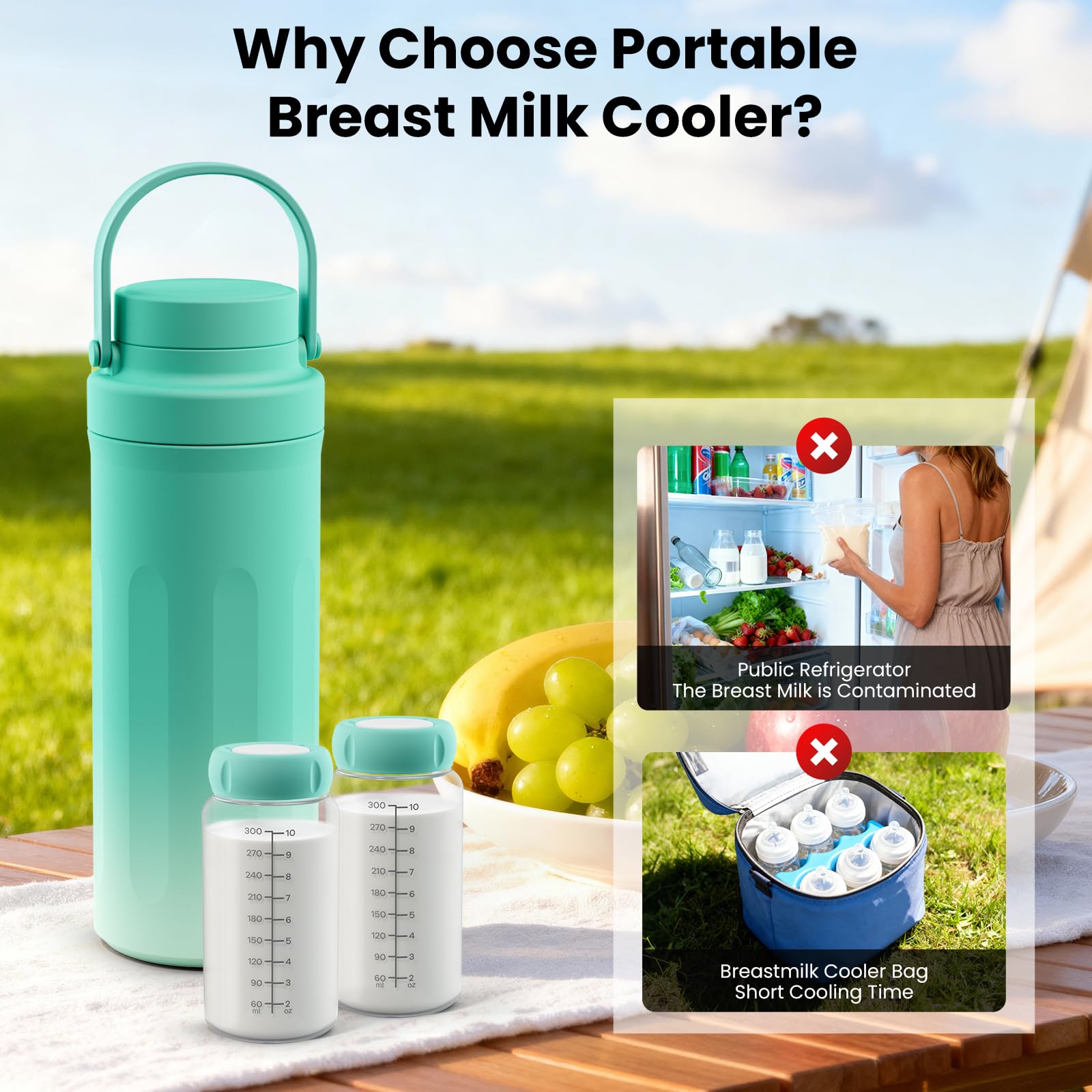 Refroidisseur de lait maternel portable de 650 ml pour le travail et les voyages, refroidisseur de lait maternel avec refroidissement total à 360° pendant 24 heures et double biberon étanche