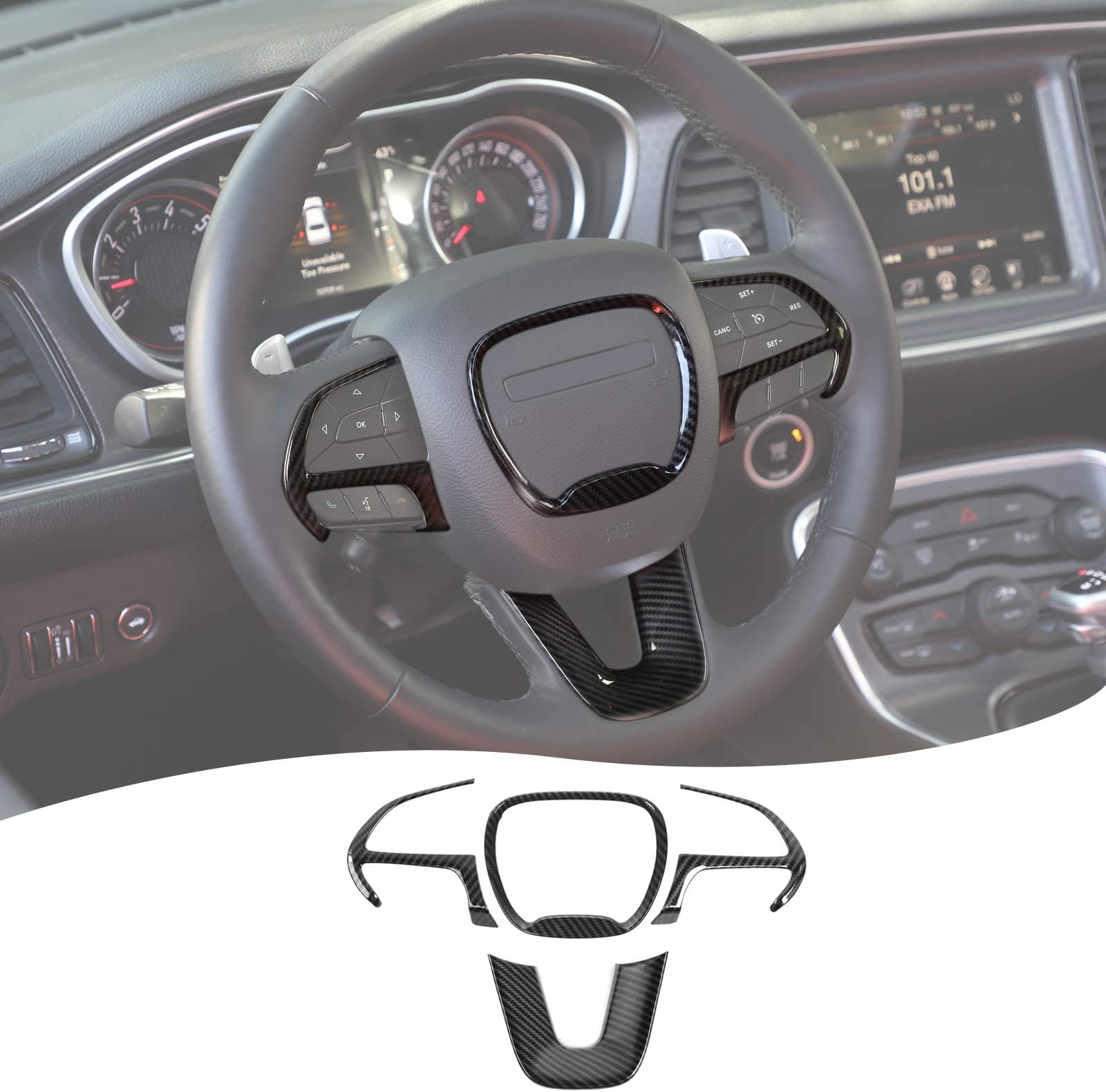 Excefore Carbon Fiber Steering Wheel Cover Trim, Steering Wheel Decorative Accessories for Dodge Challenger Charger 2015-2020, Durango 2014-2020, for Jeep Grand Cherokee SRT8