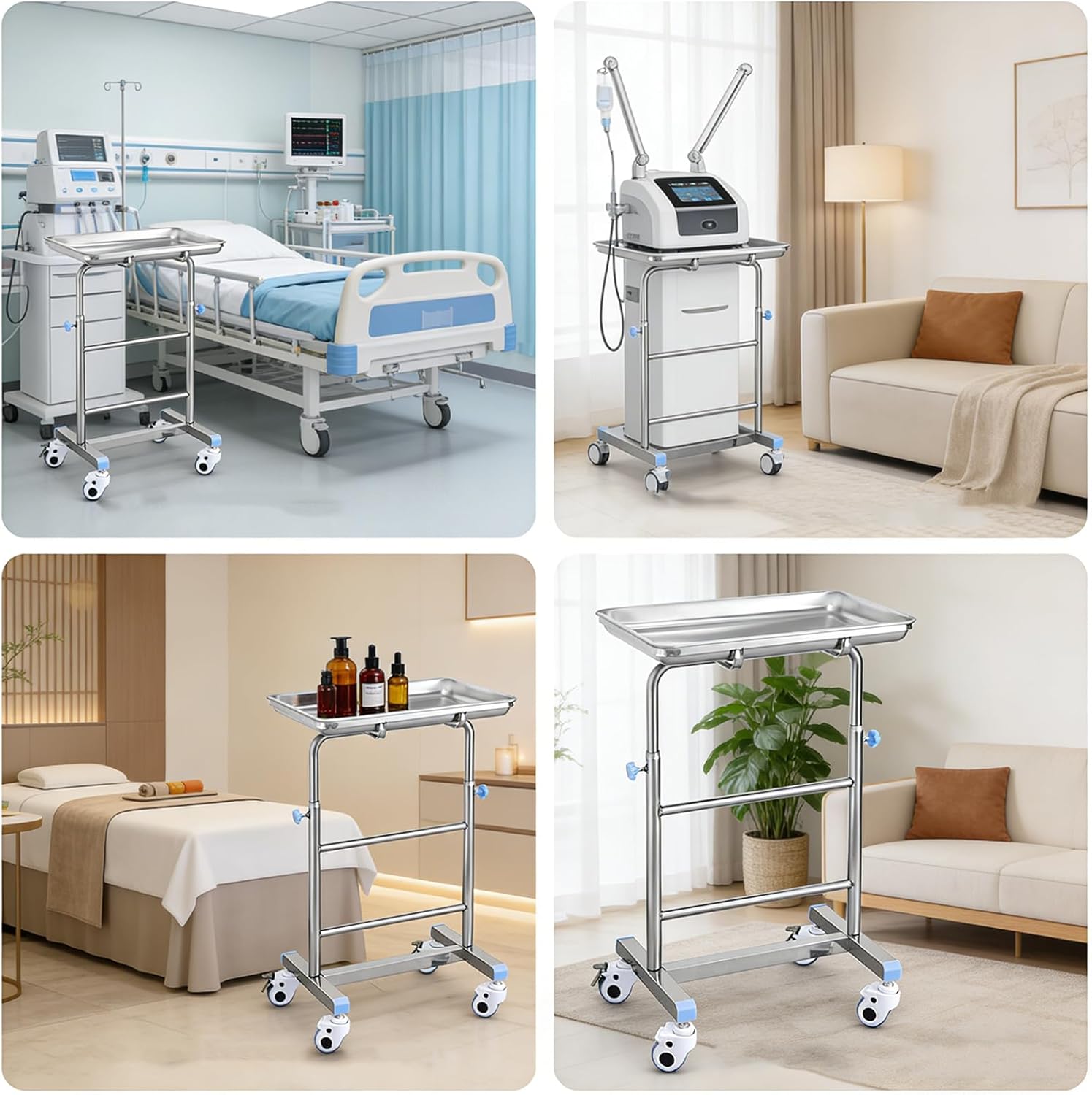 Lab Cart, Mobile Instrument Stand Mayo Portable Adjustable Tray, Steel Portable Adjustable Tray, Trolley Mayo Stand, Adjustable Height 33-49in with Removable Tray & 4 Wheels,Silver,A