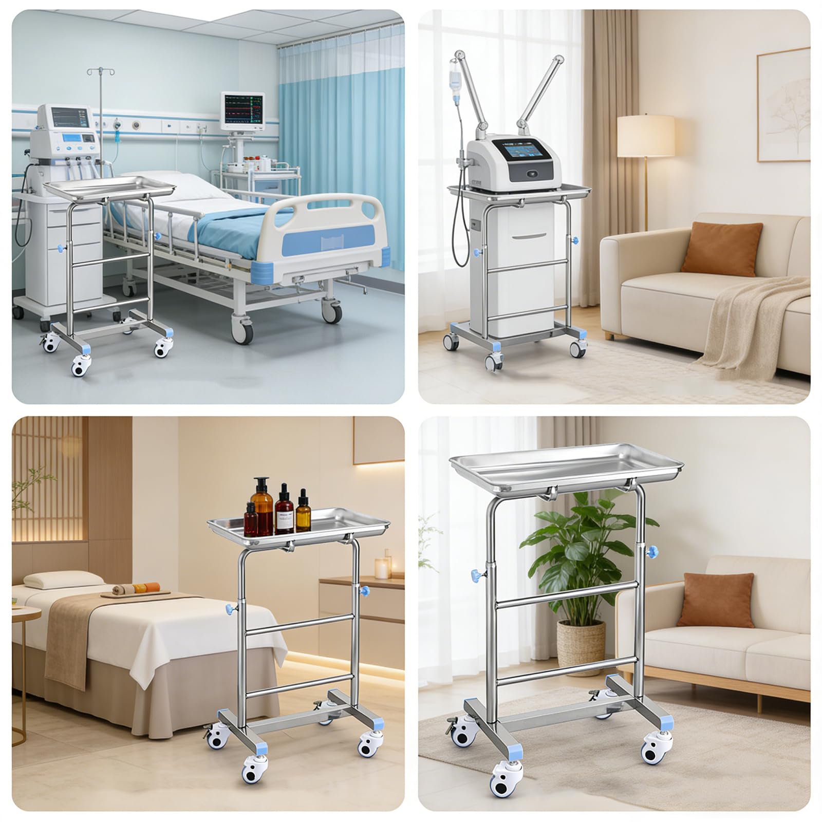 Carrello Medico, Carrelli da Laboratorio in Acciaio Inossidabile, Carrello da Laboratorio con Rotelle, Dotato di Quattro Ruote Girevoli, per Laboratorio, Clinica, Ospedale, Salone,Argento,A