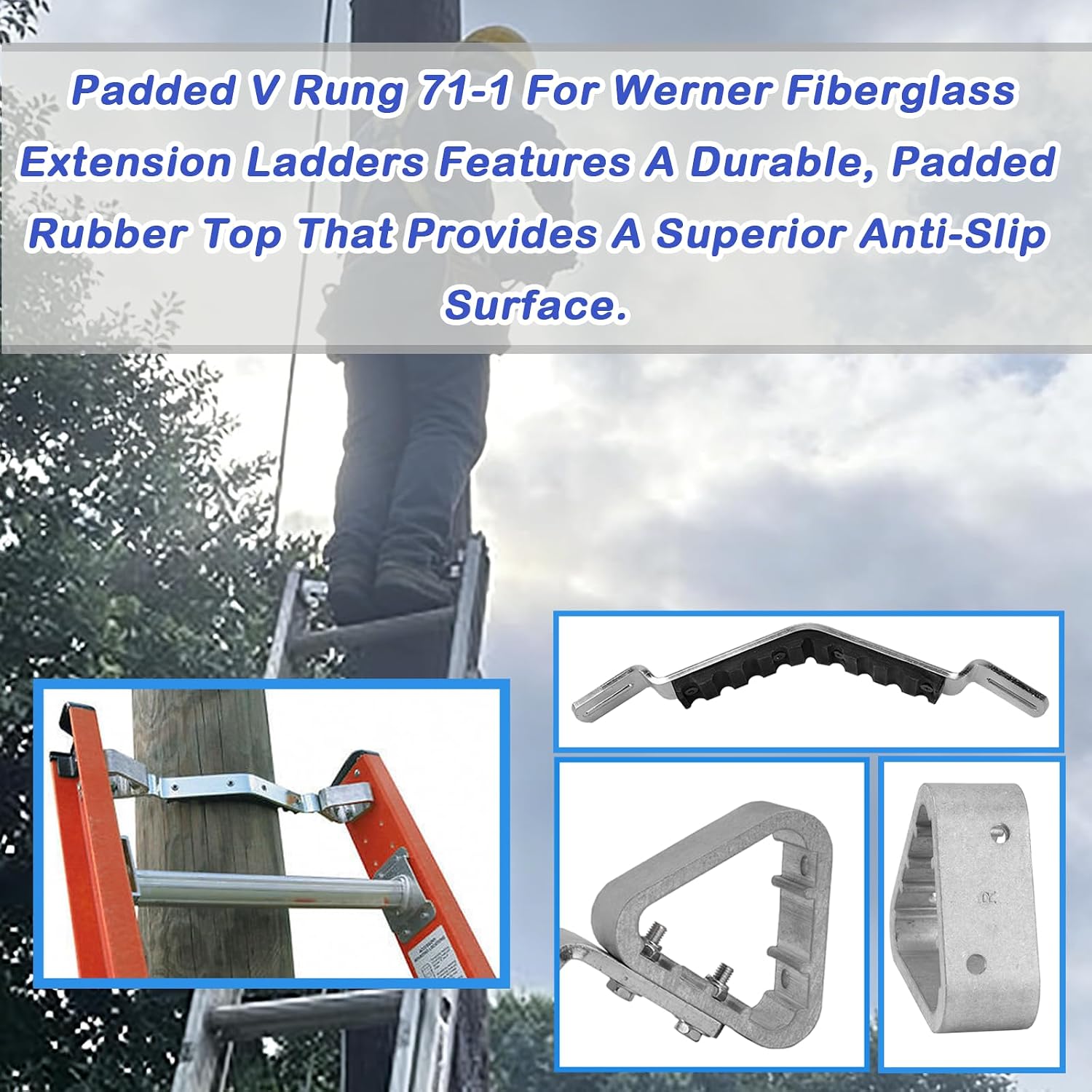 3MIRRORS V-Rung Ladder Accessory for Werner | Padded Fixed V-Rung, Slip-Resistant Rubber Grip, Fits Extension Ladders, for Wood/Metal/Concrete.