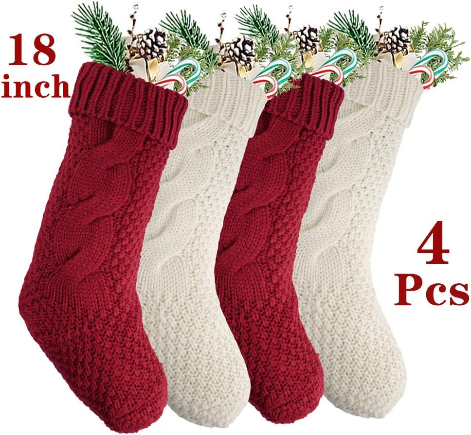 QBSM Christmas Stockings, 4 Pack 18 inches Large Size Cable Knit Knitted Xmas Rustic Personalized Stocking Decorations for Family Holiday Season Decor, Cream White and Burgundy