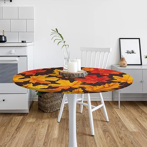Vista 399 de Pardick Mantel redondo elástico con diseño de hojas de otoño, mantel redondo ajustable de 36 a 42 pulgadas, mantel circular impermeable, lavable