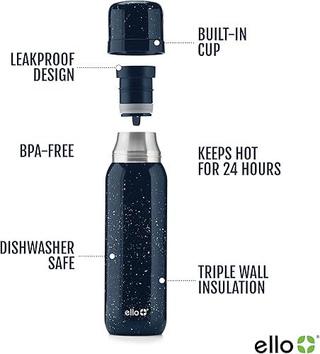 Miniatura 3 de Ello Therma - Termo aislado de acero inoxidable de 32 onzas para bebidas calientes y frías, con tapa a prueba de fugas y taza integrada, aislamiento