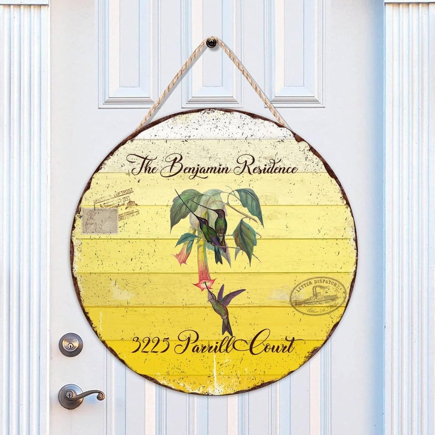 Custom Name Home Address Hummingbird Wood Door Sign Vintage Vintage Wall Hanging Sign Plaque 18" x18" Retro Front Door Round Wood Sign Welcome Farmhouse Front Porch Decor Housewarming Gifts