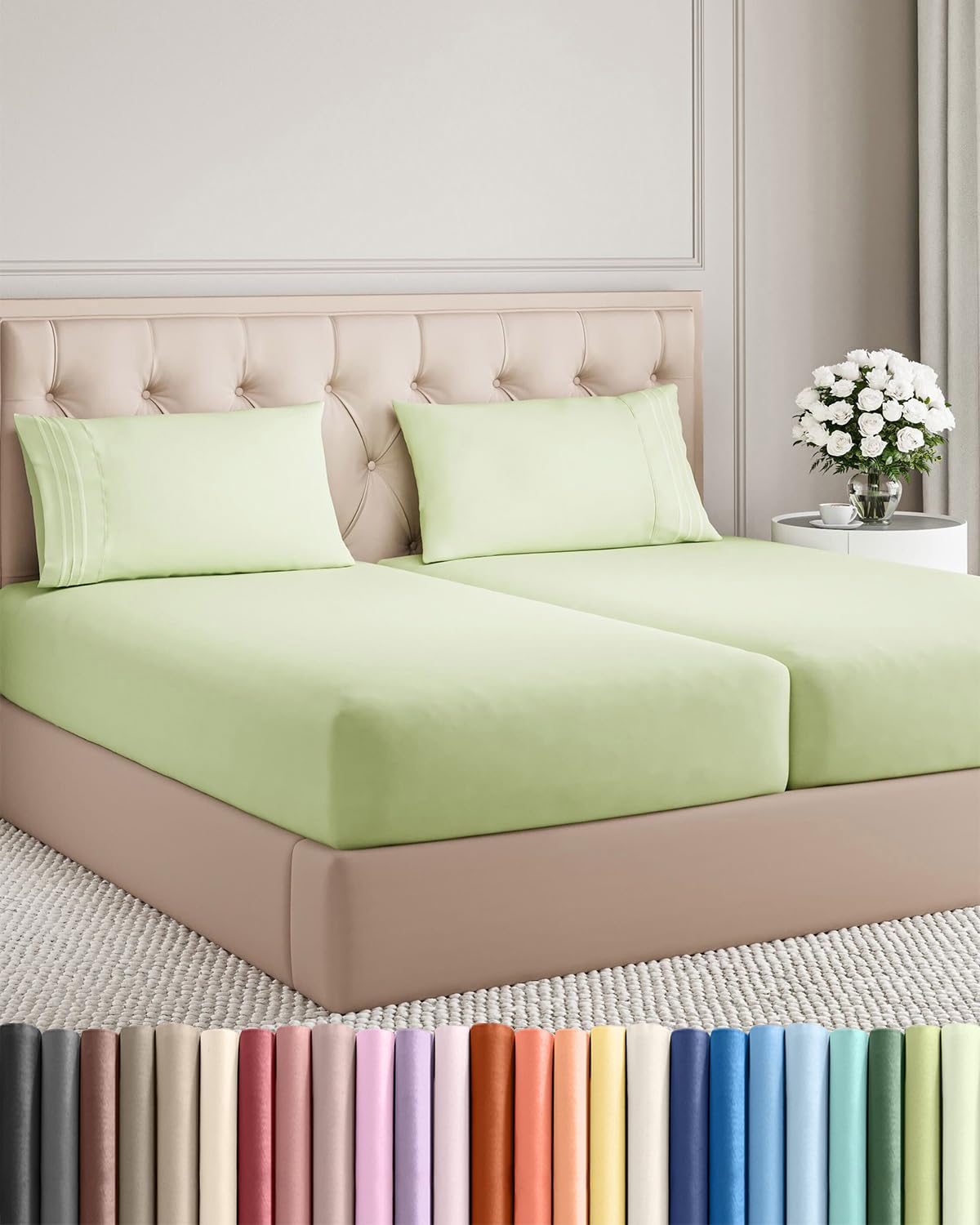 Split King Size 5 Piece Sheet Set - Breathable &amp; Cooling - Light Sage Green