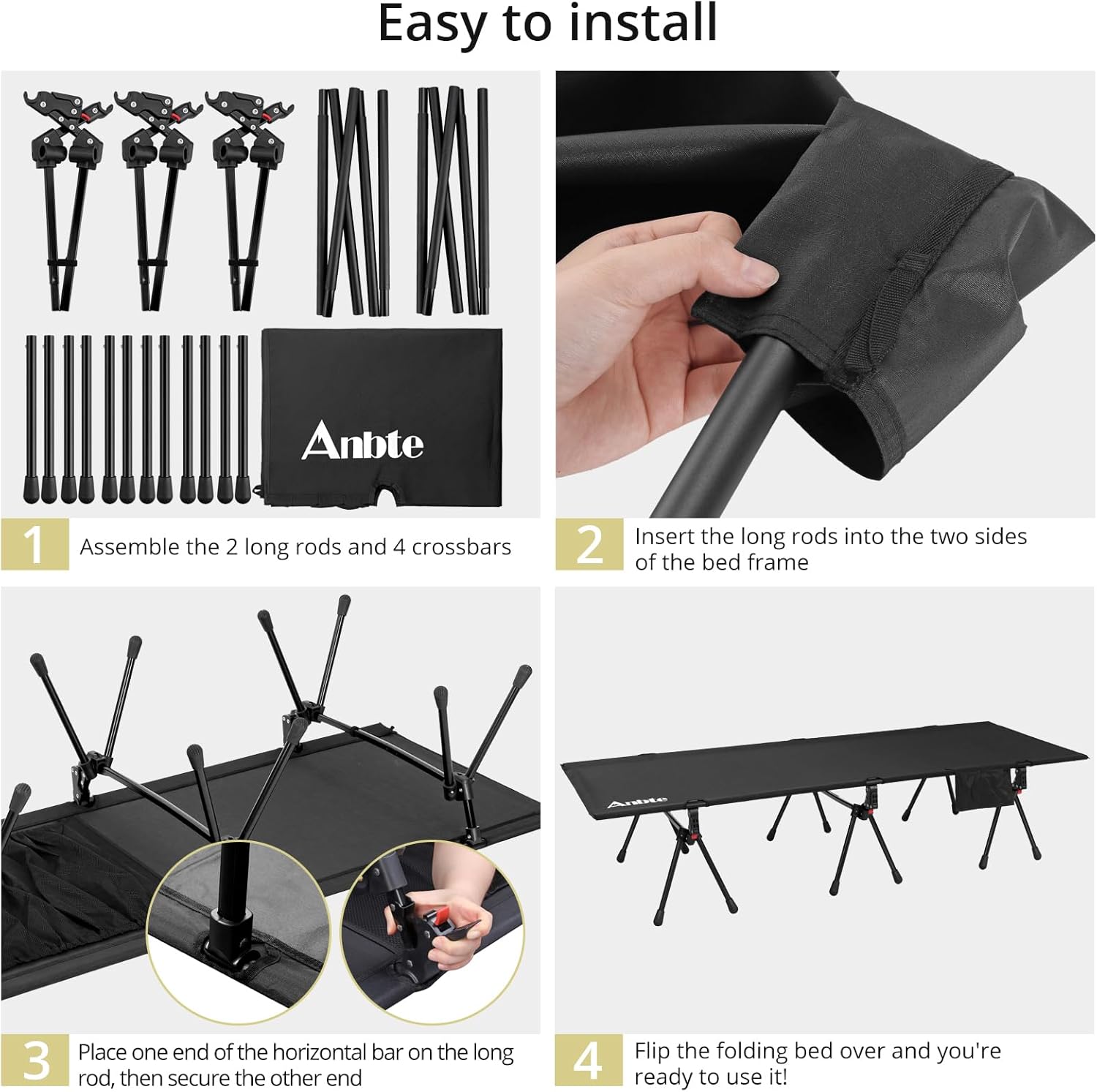 Anbte Height Adjustable Camping Cot with Storage Net & Bag, Support up to 400lbs Comfortable Portable Cots for Adult Folding Bed for Camping Hiking Travel Truck Beach Office Nap, Black