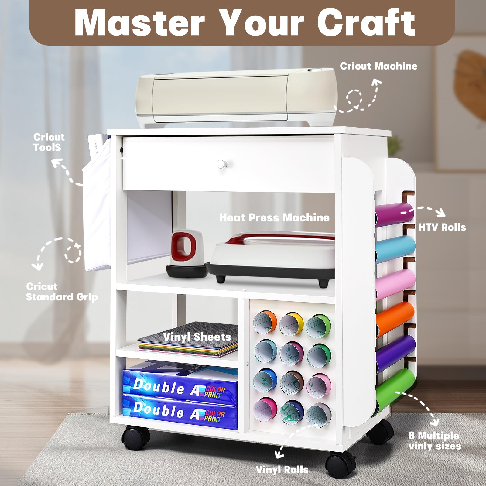 Pochar Rolling Craft Organization and Storage Cart Compatible with Cricut, Craft Rolling Storage Organizer with 18 Vinyl Roll Holder, Crafting Cabinet Workstation