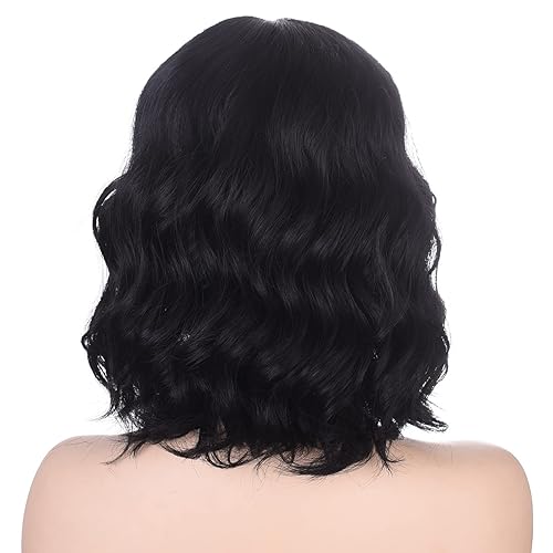 Miniatura 4 de Peluca corta negra ondulada con flequillo para mujer, pelucas de cabello sintético natural de 12 pulgadas para mujer, uso diario (negro)