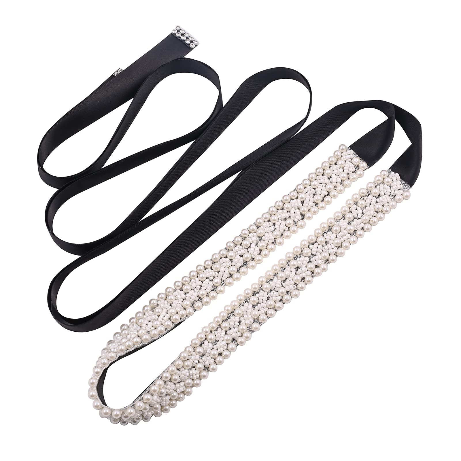 Fubney Pearl Bridal Belt Handmade Wedding Sash Belts Bride Belt And Sash For Wedding Decoration, Black, 加大码