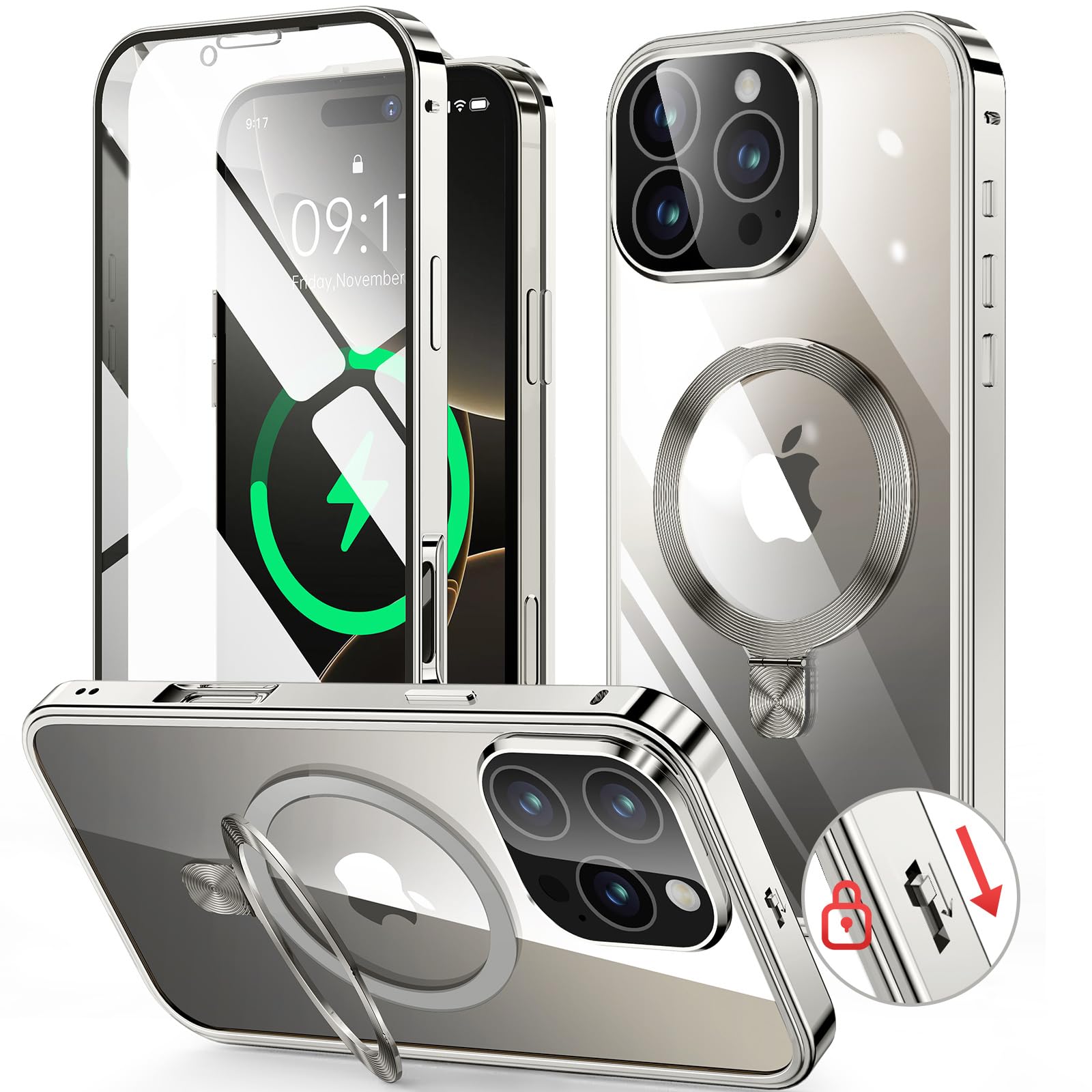 HGUTREY【スタンド機能付き・アクションボタン】 iPhone16 Pro Max 用 ケース クリア ロック付き CDリング・MagSafe対応 9H強化ガラス PC背面 一体型レンズ保護 アイフォン16プロマックスケース 両面 ストラップホール付き アルミバンパー メタルフレーム 高感度タッチ ワイヤレス充電対応 アイホン16 Pro Max 用 カバー 6.9インチ（グレー）