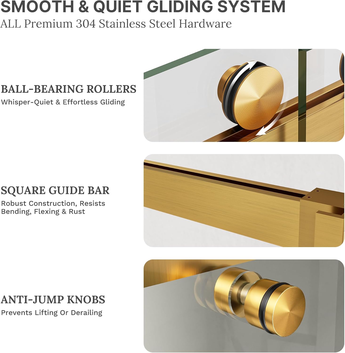 Frameless Double Sliding Shower Door, 56-60" W x 76" H, 3/8" (10mm) SGCC Certified Clear Tempered Glass, Width Adjustable, Double Towel Bars, Square Guide Bar, Stainless Steel Hardware, Brushed Gold