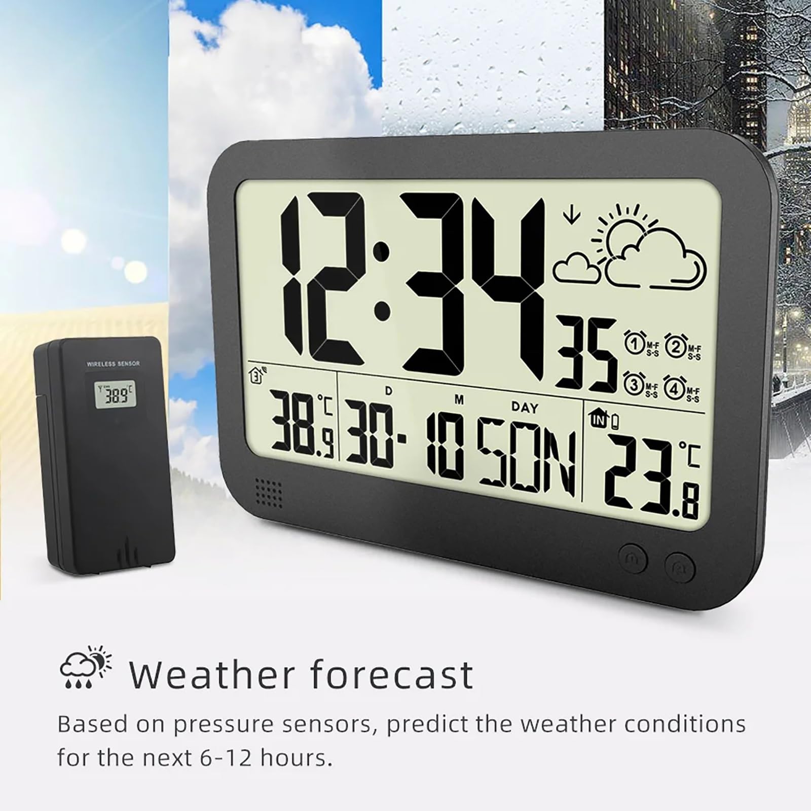 Orologio da parete con stazione meteorologica, allarme digitale, orologio elettronico, temperatura, orologi da parete a batteria o orologi da scrivania per camera da letto, soggiorno, ufficio