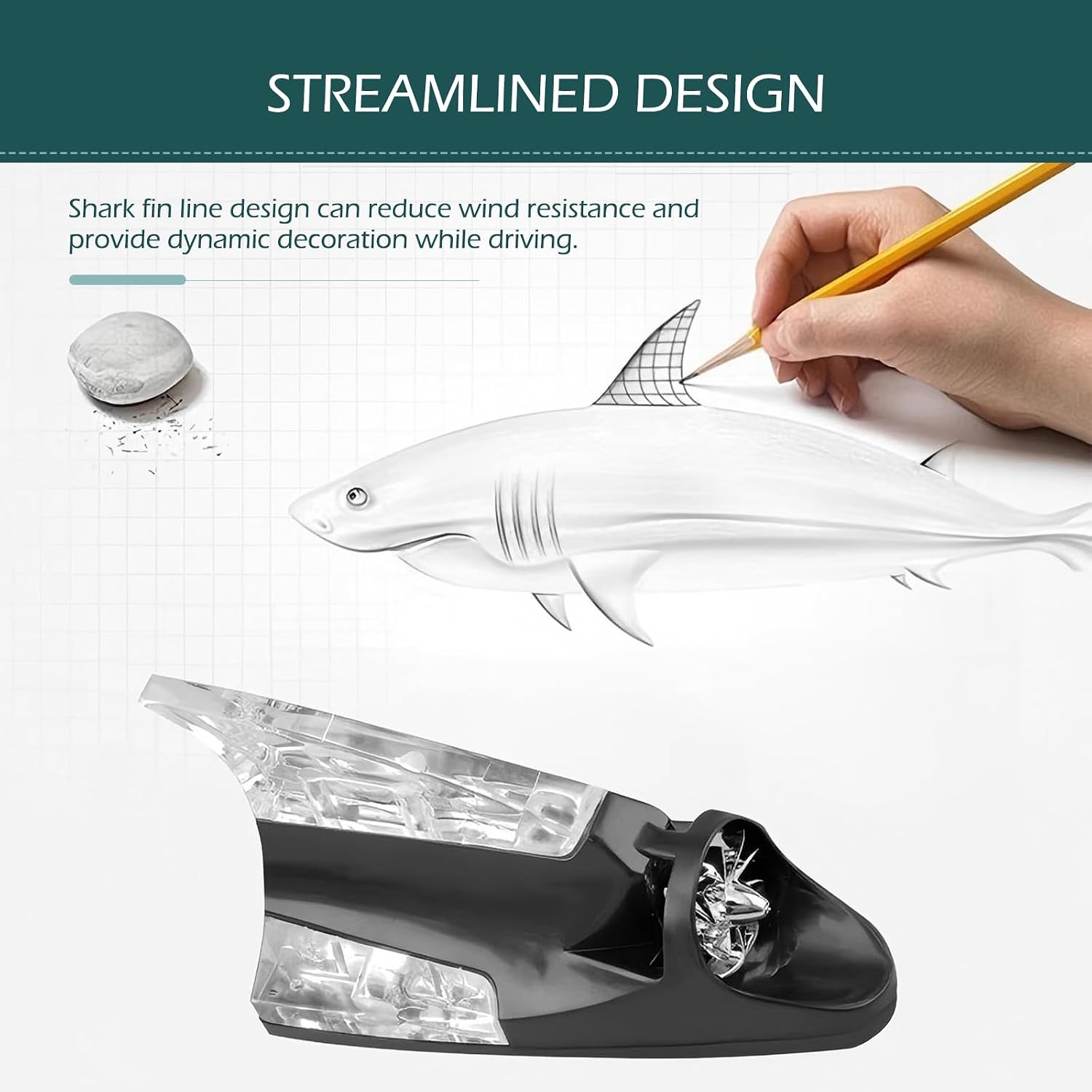 Car Roof Wind Powered LED Light, Shark Fin Antenna Flash Light Ornament, Self-Adhesive Warning Lamp, Waterproof Roof Antenna Decorative Light with LED Strobe, Universal for Most Cars (Black)