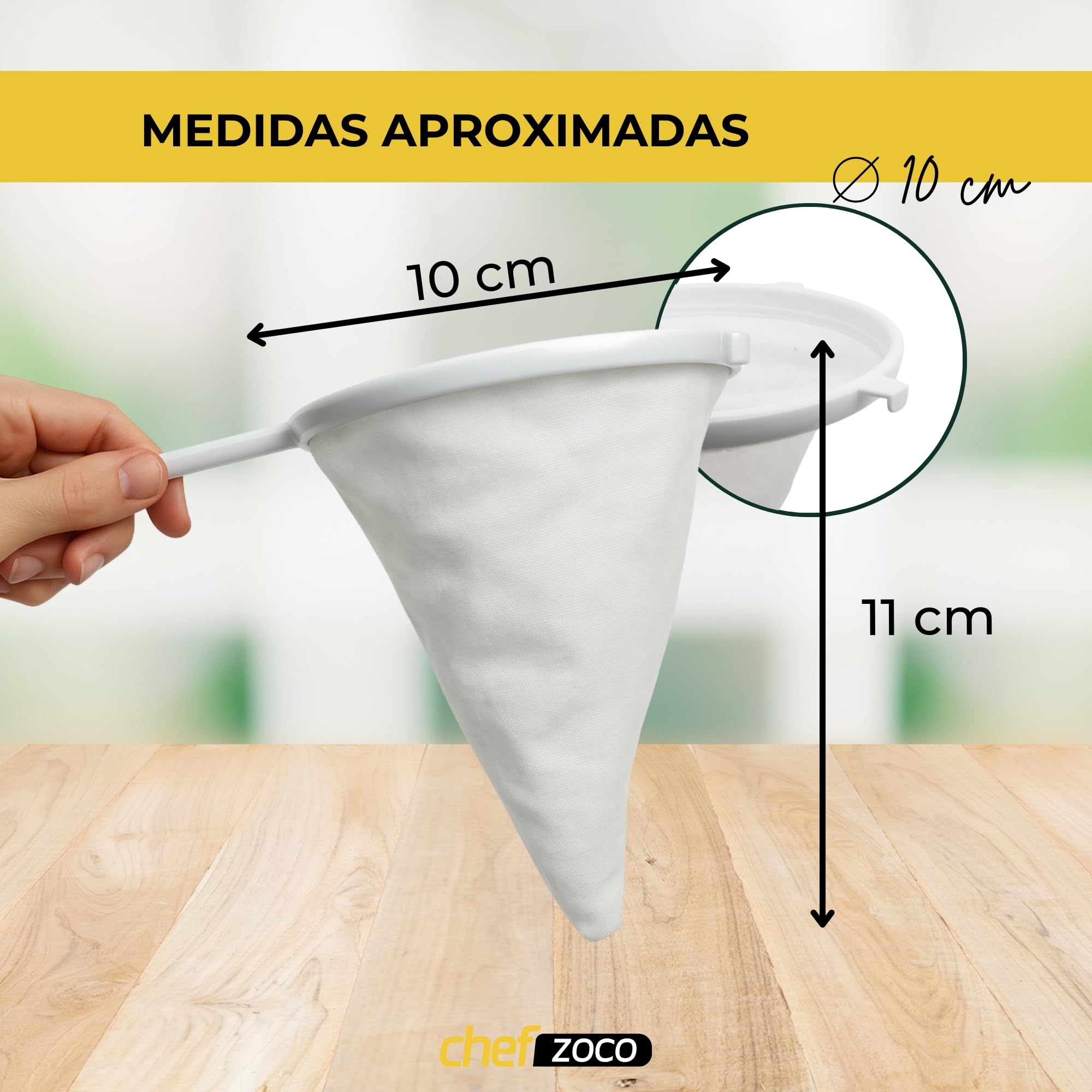 Colador de Cocina Multiuso de Tela, Colador kefir, Utensilio para colar cafe, Filtro Eficiente para Aceite y Jugos, Mango de plástico, Con 2 ganchos de sujeción, Diámetro del colador 10 cm - imagen 3