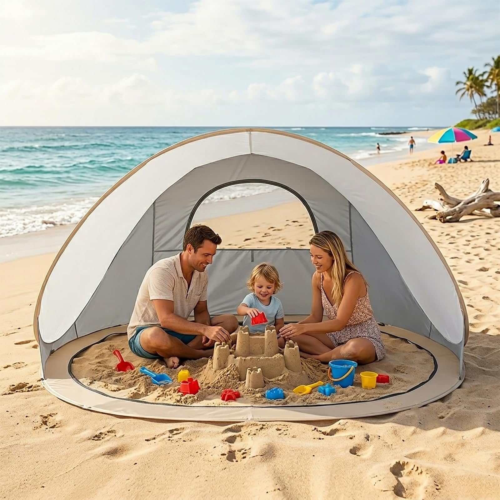 ZVD Tente de Plage Pop Up 3-4 Personnes, Anti-UV UPF 50+Camping (Blanc) | Abri de Plage Coupe-Vent avec Sol Amovible, Pare-Soleil Portable pour Plage, Camping, Jardin, Pique-Nique et Pêche