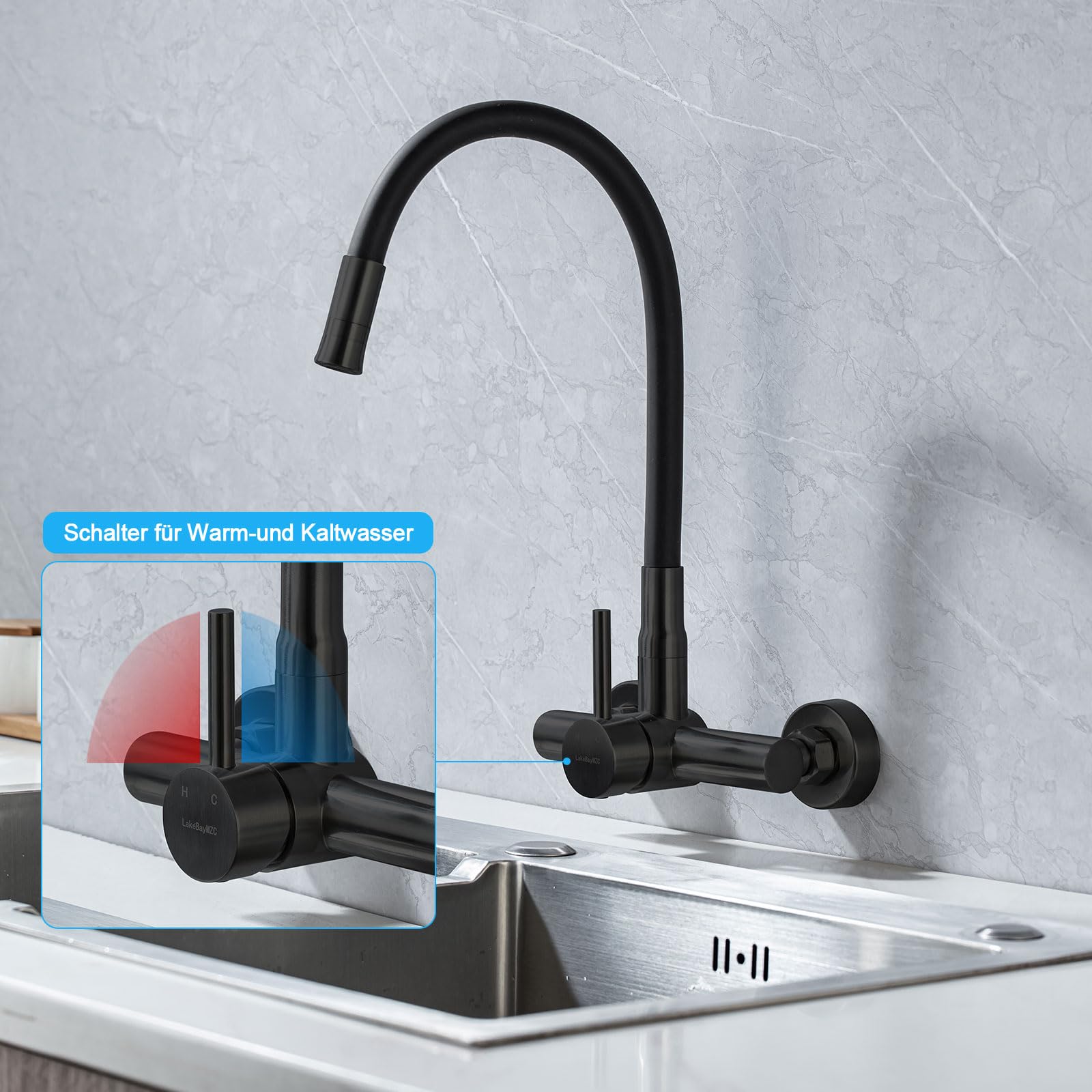 Robinet Cuisine Mural Noir avec Raccord 3/4" pour Lave-vaisselle Lave-linge | Robinet de Cuisine Evier Mural LakeBayMZC Acier Inoxydable avec Double Sortie,Mitigeur Mural avec Bec Flexible pour Cuisines