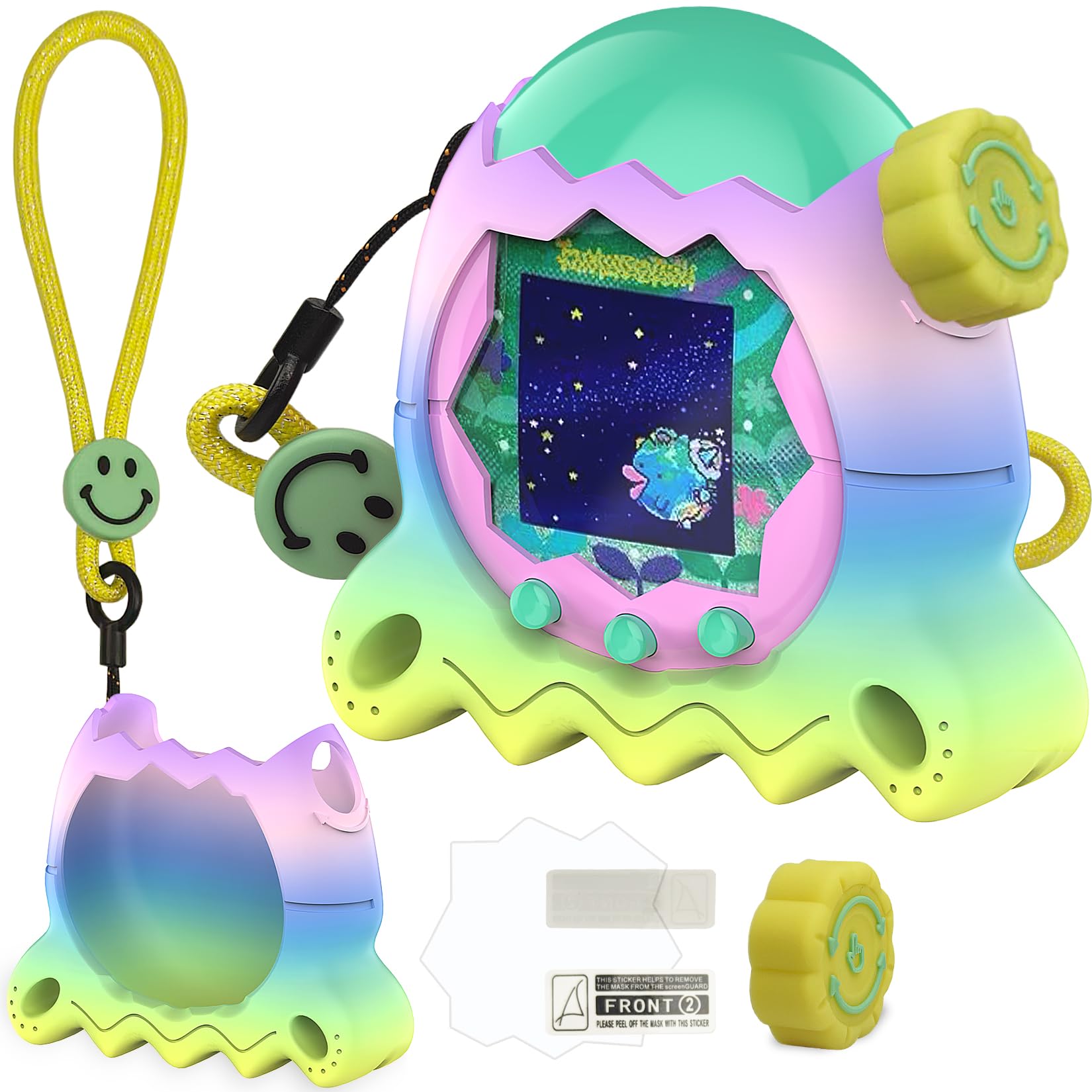 Tamagotchi Paradise - Funda de silicona con tapa de botón, funda protectora con protector de pantalla y cordón para accesorios para mascotas Tamagotchi Paradise (arcoíris)
